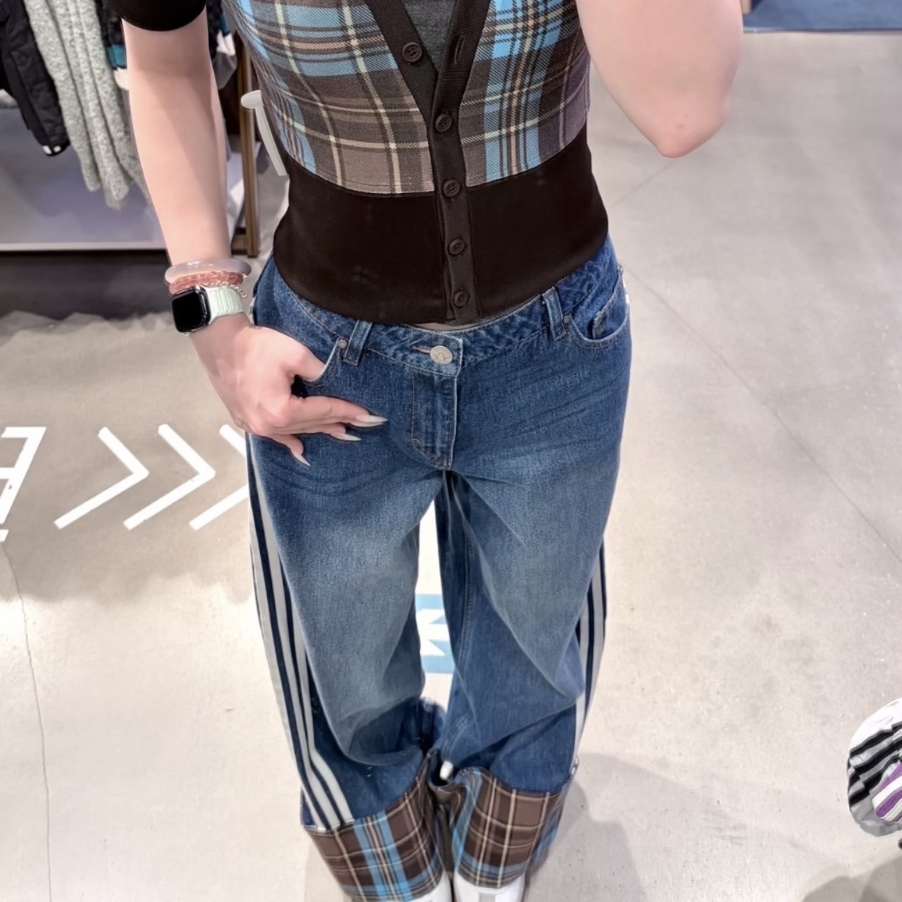 ADIDAS ORIGINALS 復古格紋 深藍 三線闊腿褲 寬鬆 牛仔長褲 KW4518