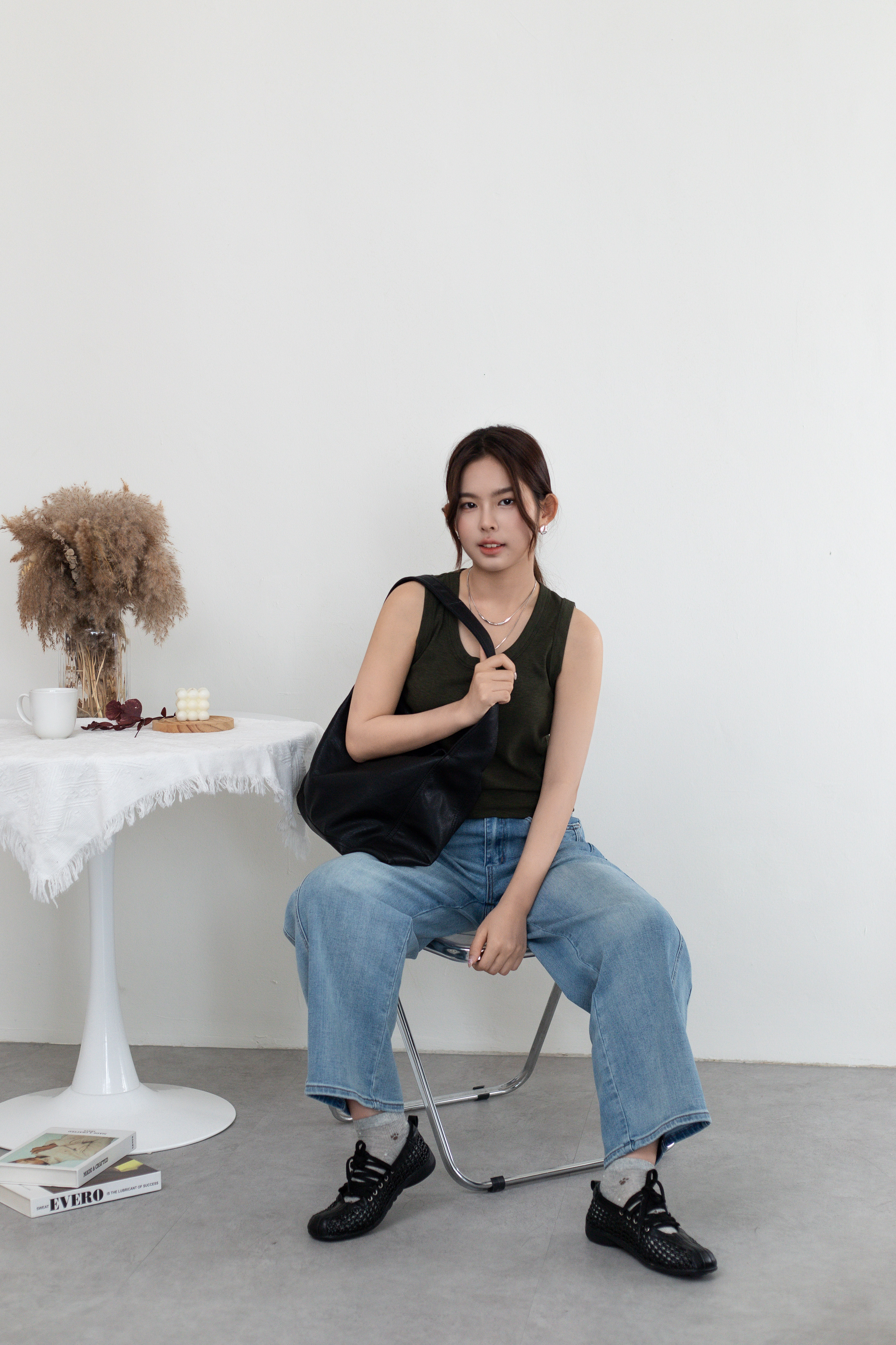 Kome U neck Ribbed Tank Top Moss-2660BVMOS