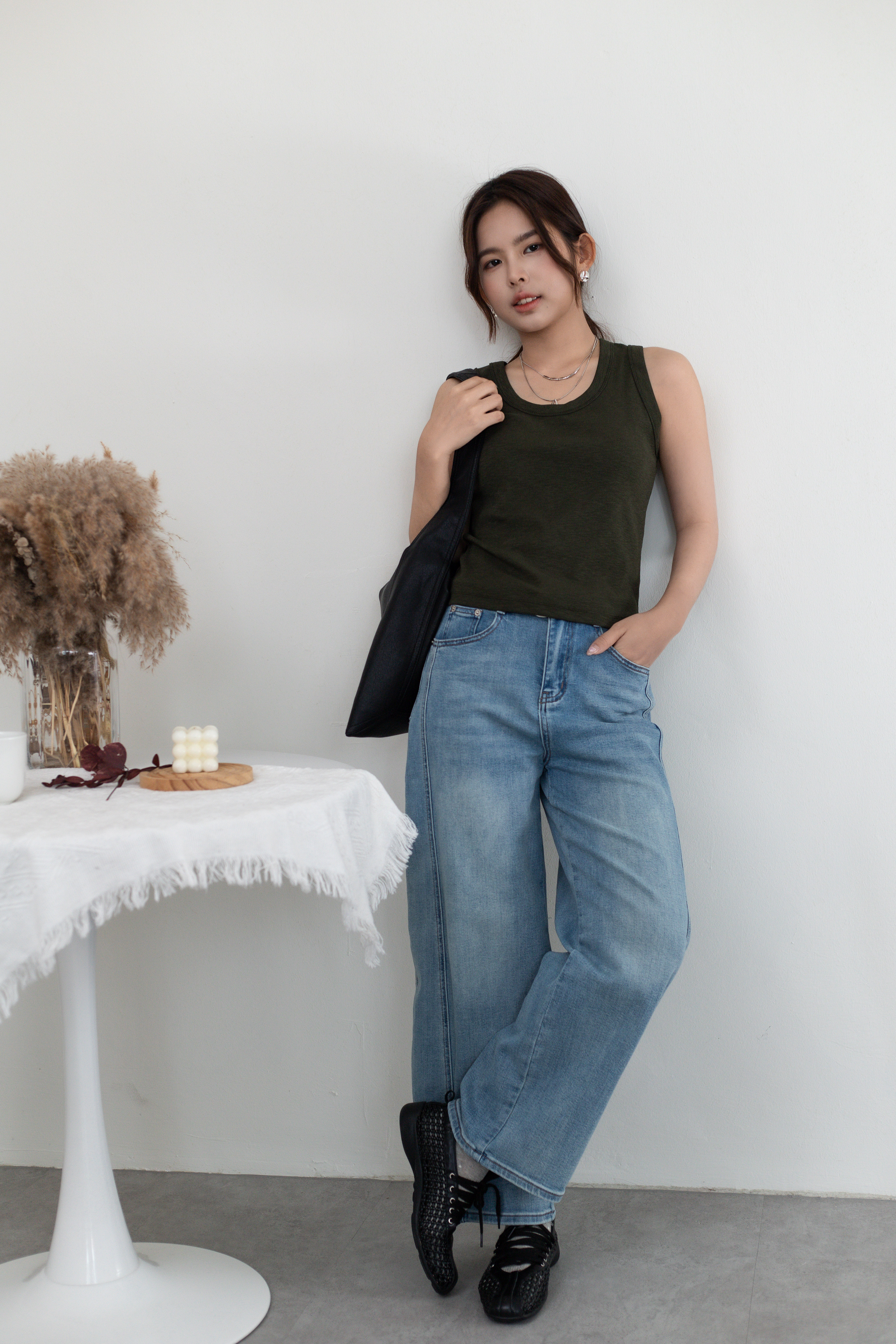 Kome U neck Ribbed Tank Top Moss-2660BVMOS