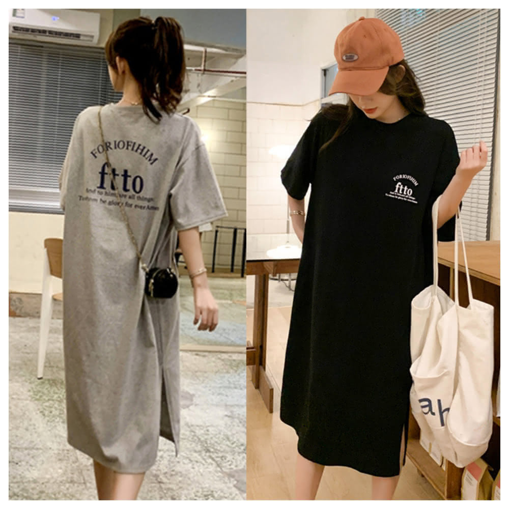 【ASister 小姊姊】18818#休閒洋裝★*ftto*加大尺碼寬鬆顯瘦簡約Logo短袖過膝連身裙(2色 M-4XL)
