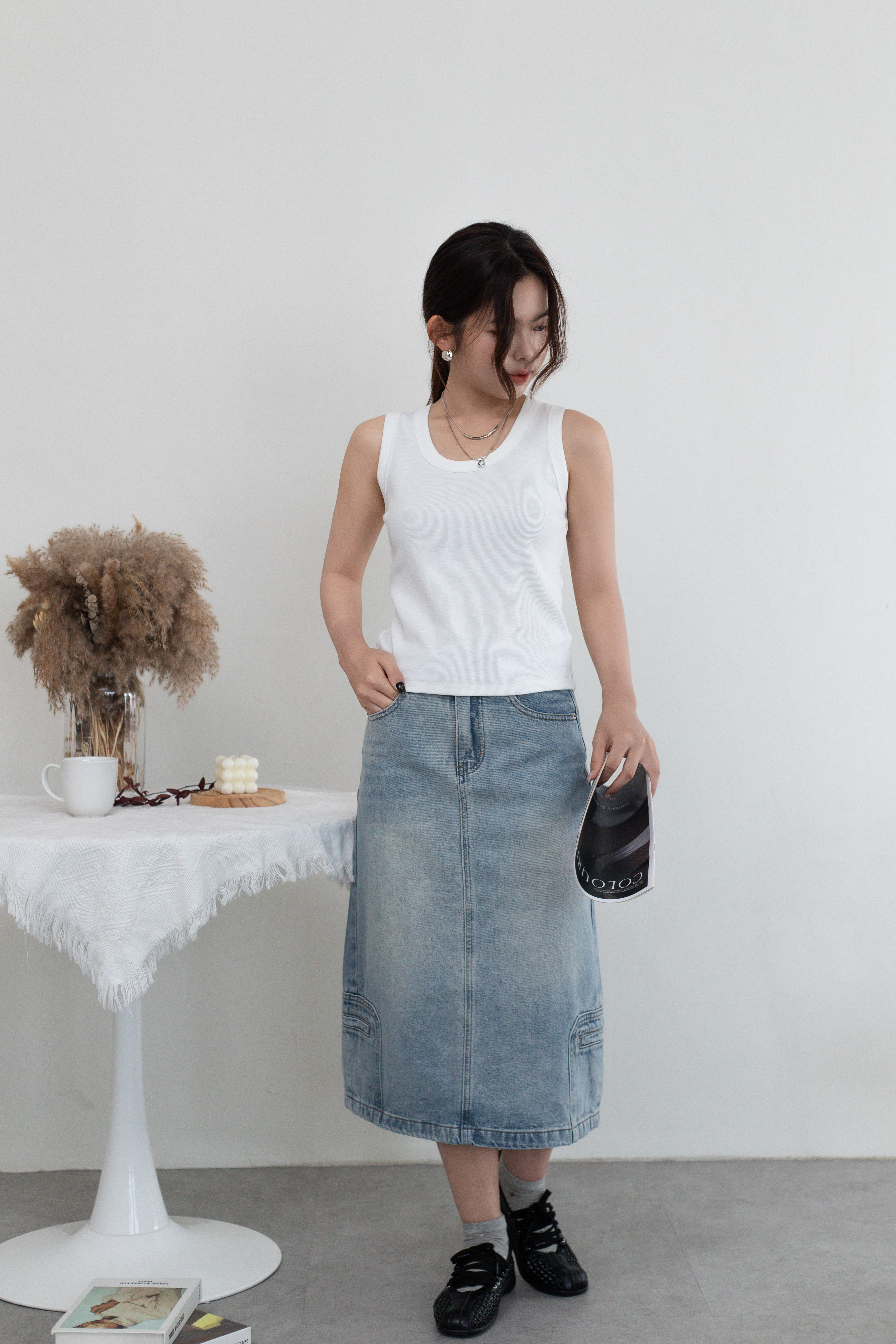 Kome U neck Ribbed Tank Top White-2660BVWHI