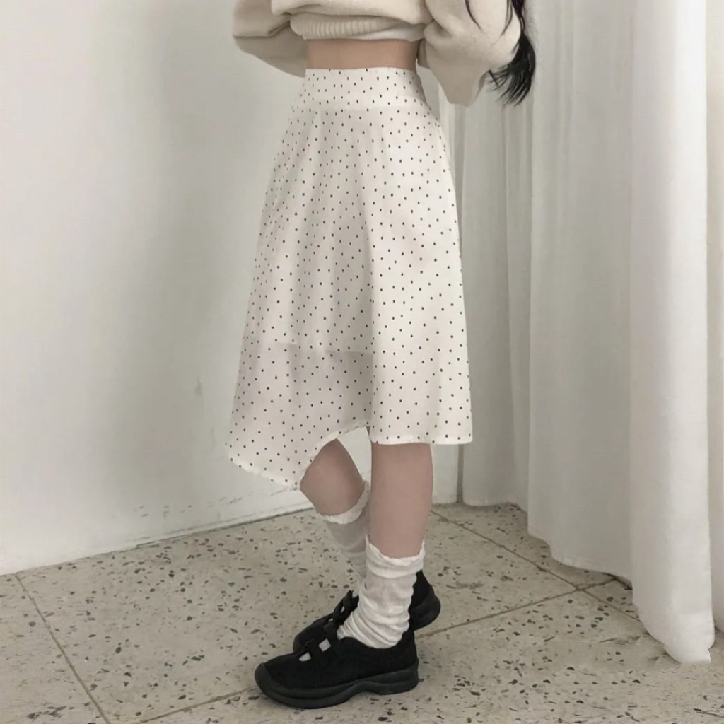 【優惠預訂】韓國不規則裙擺波點中長裙（2色）