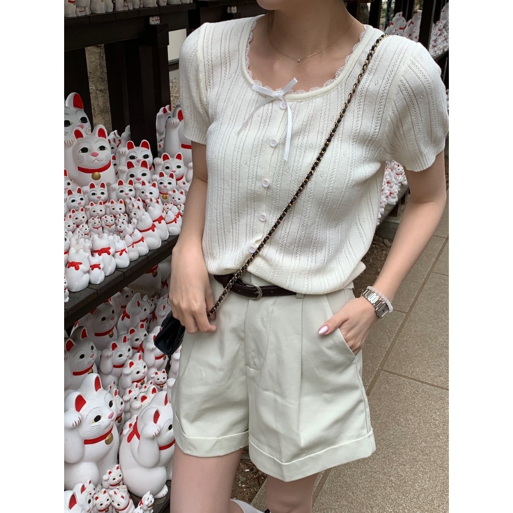 【imfine】蕾絲圓舞曲 小蝴蝶結針織上衣 #9892