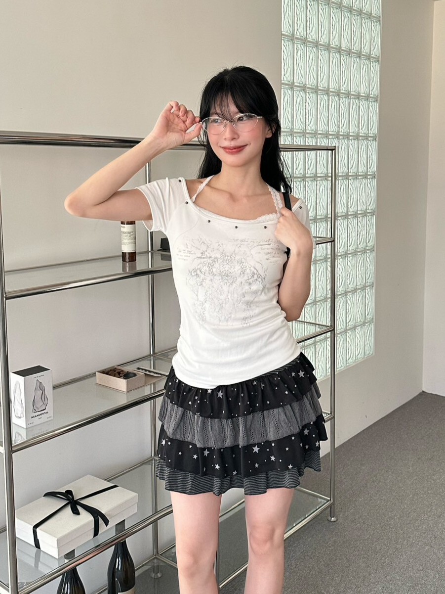 夜霧曲線 蕾絲綁脖抓皺短袖