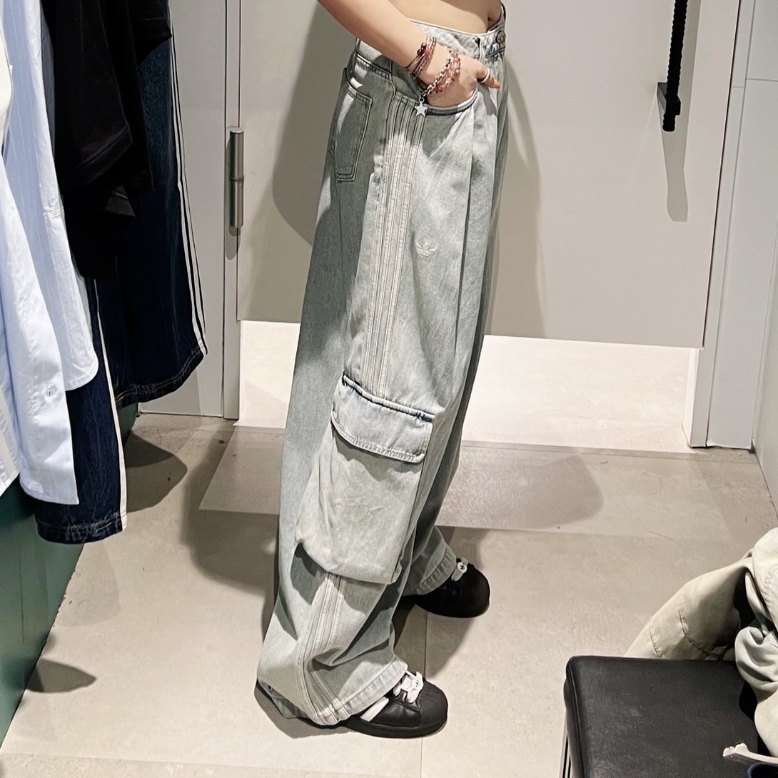 ADIDAS ORIGINALS 後銀標 淺藍 三葉草鈕扣 工裝長褲 KU9533