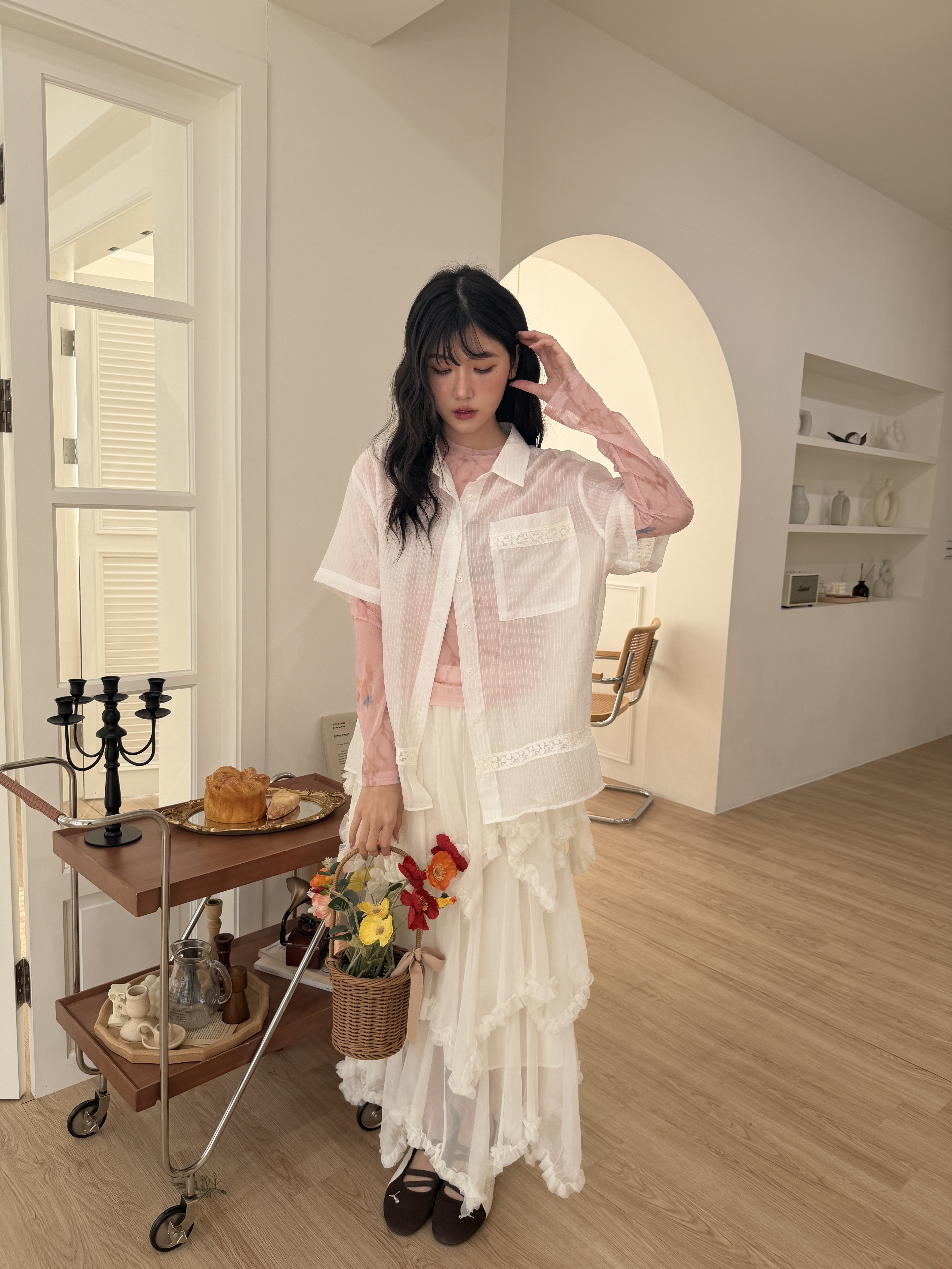 🌷透感直紋蕾絲短襯衫 (白色)