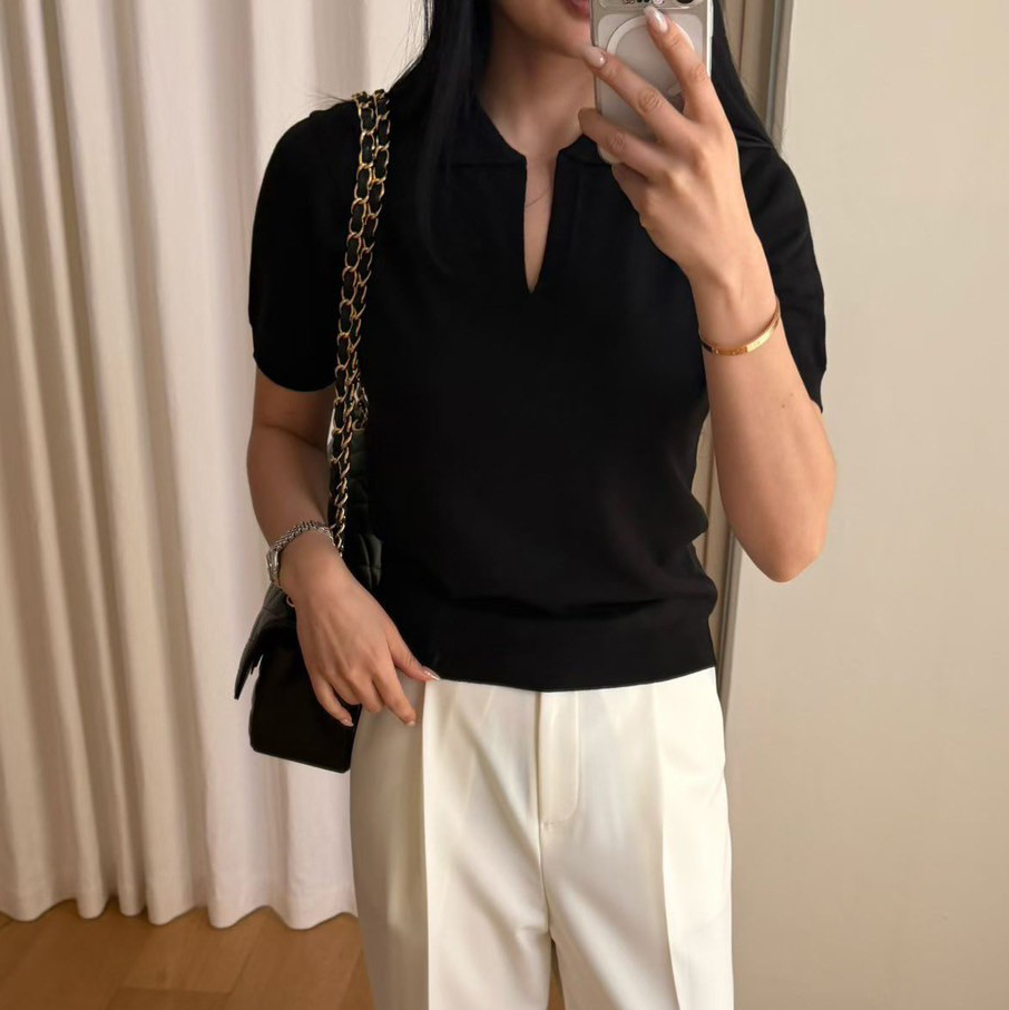 簡約感V字POLO翻領短袖針織上衣 / 3色