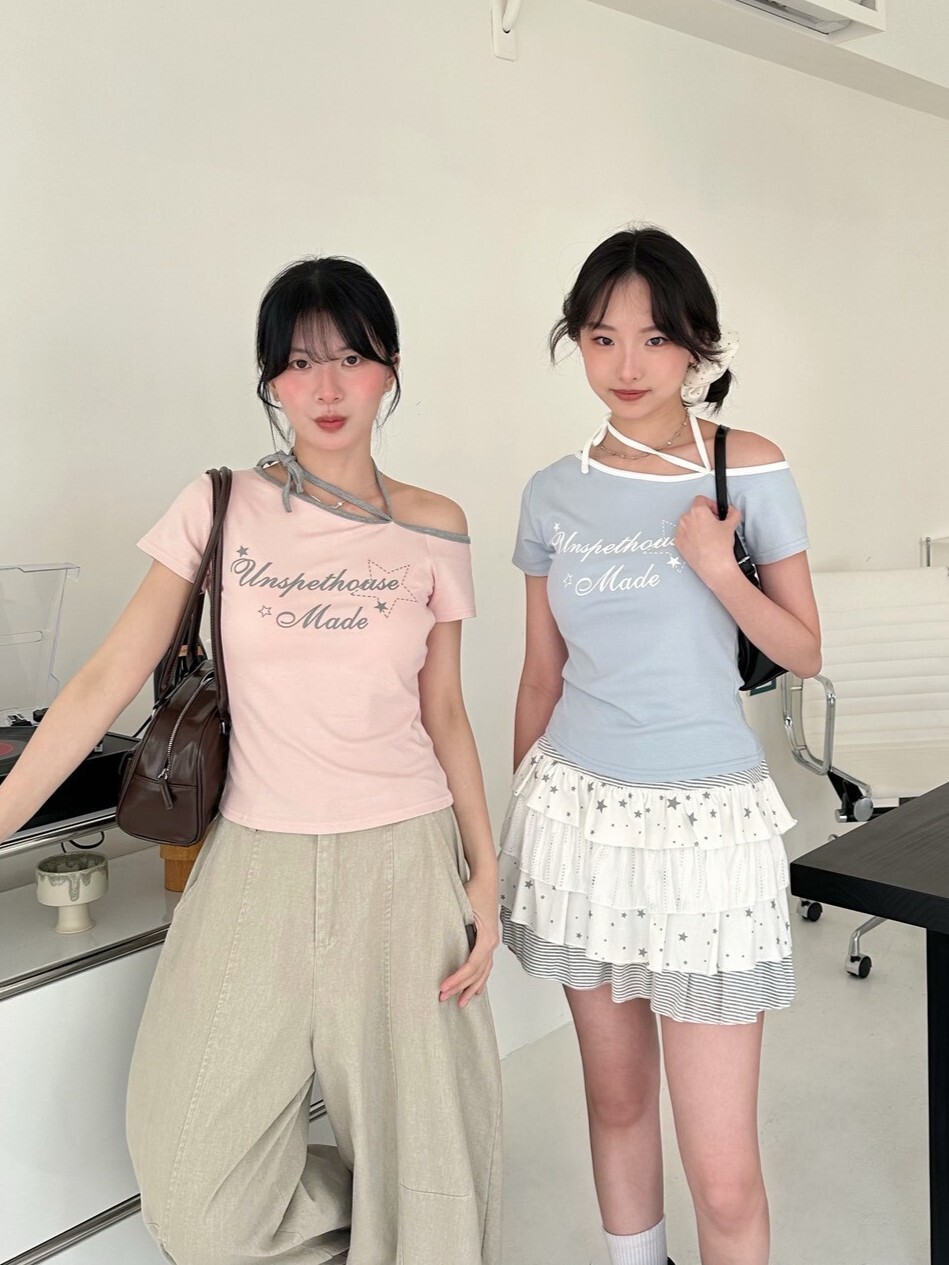 軟糖星線★★斜肩綁繩短袖