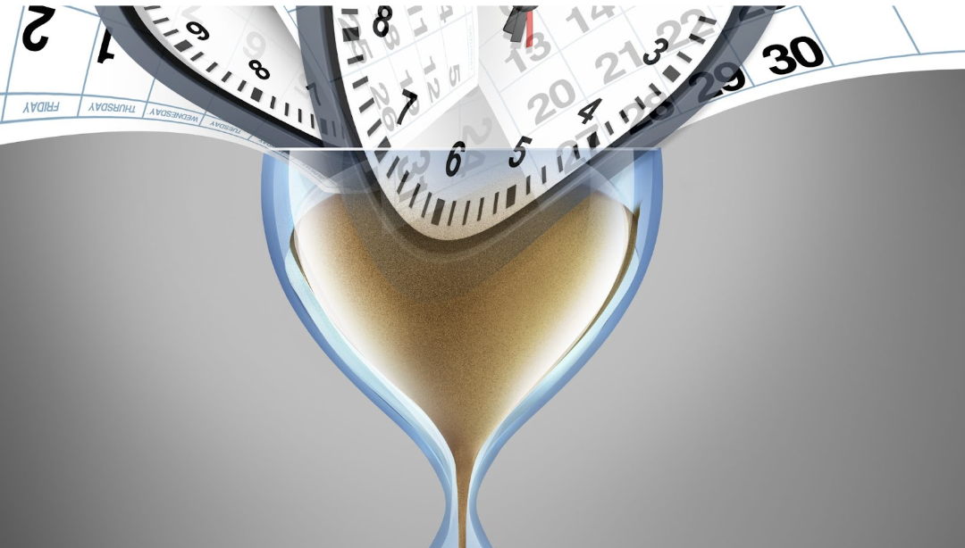 漏斗中流動的沙子結合時鐘與日曆，象徵時間流逝與健康保養的急迫性