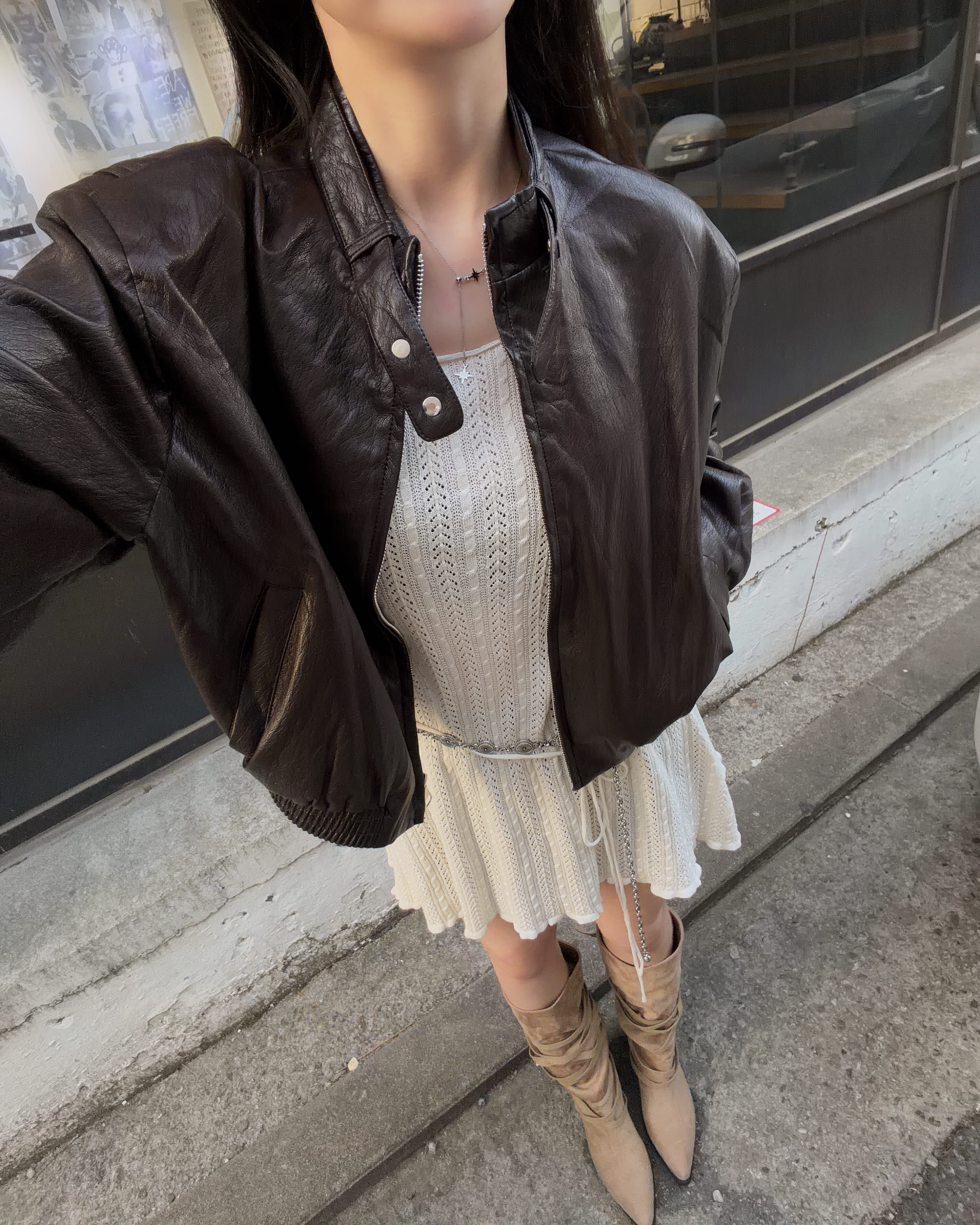 O4001 小立領皮外 / 棕