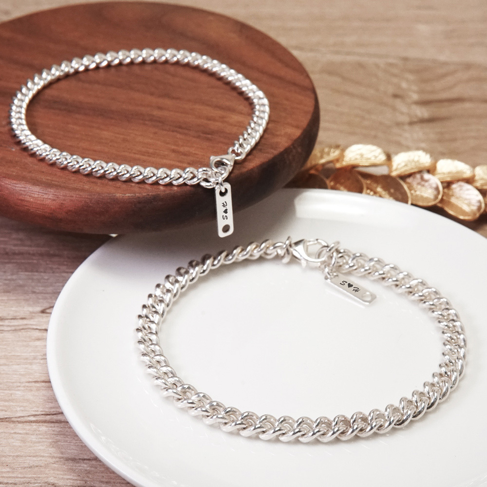 純銀情侶手鍊 圓線繩索鍊設計 情侶對鍊組  925純銀 客製化 刻字手鍊 情侶銀飾