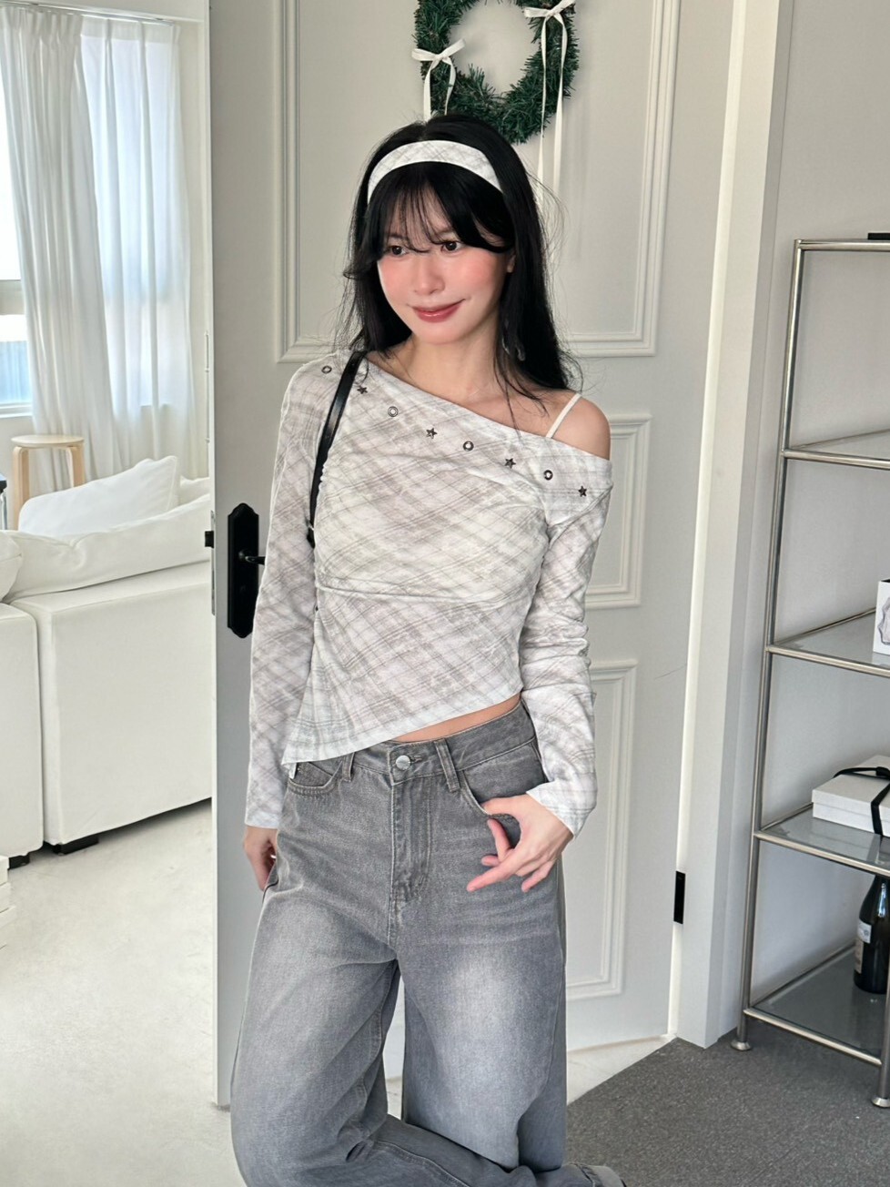 流浪影集 鉚釘下斜角格紋上衣
