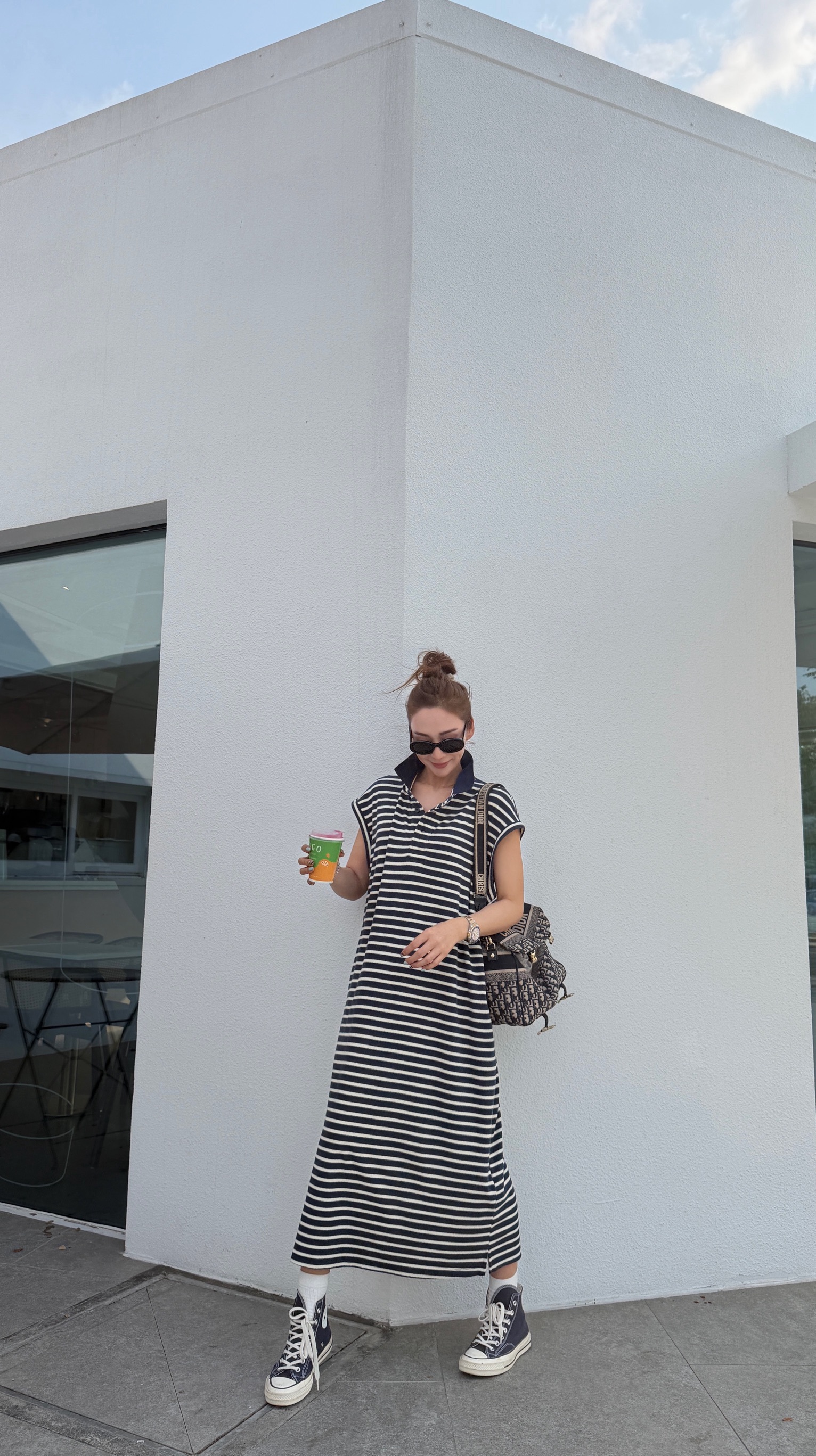 藏藍翻領條紋休閒洋裝