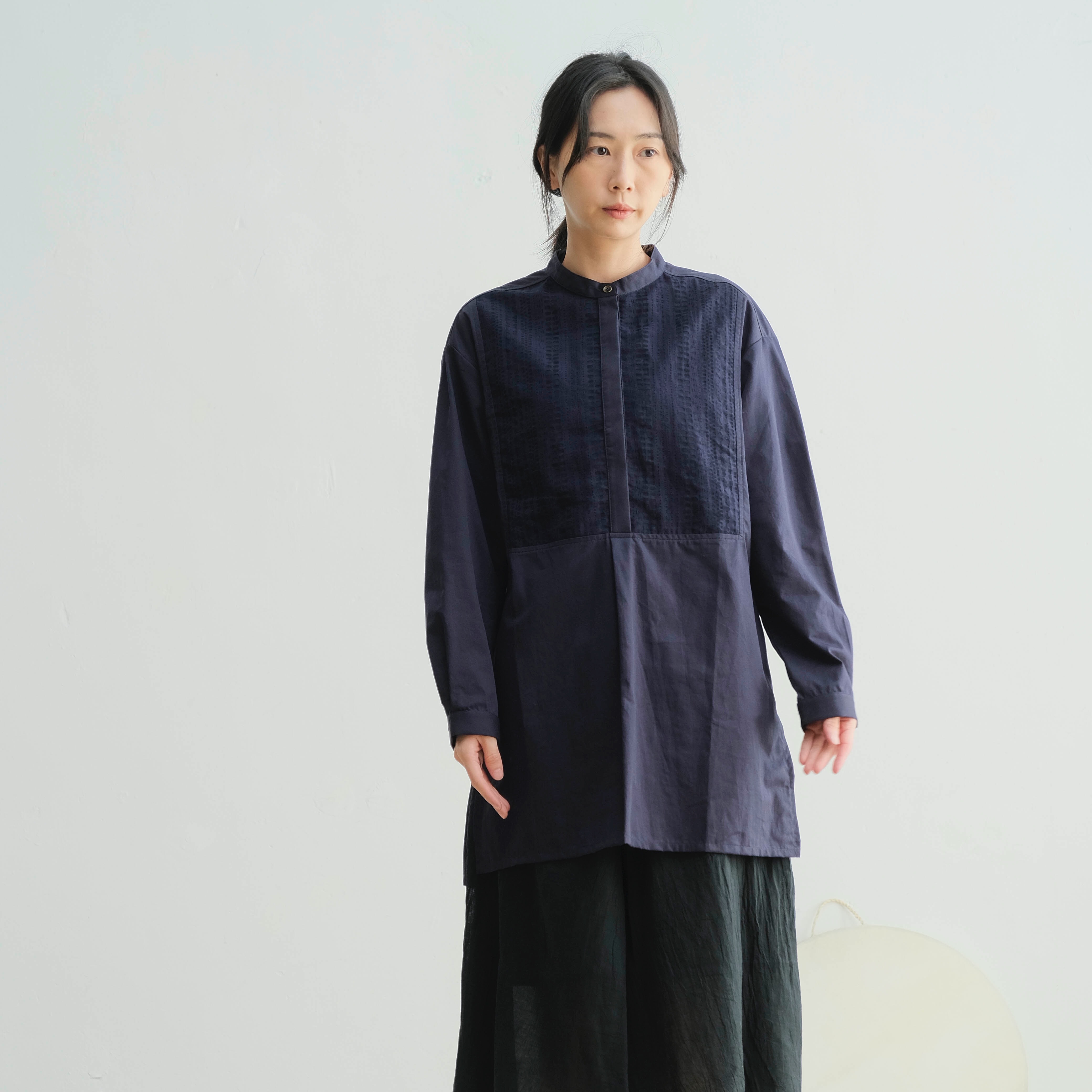 OMAKE.jp 蕾絲拼接長衫DressShirts 深藍
