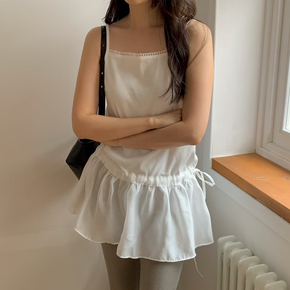 抽繩裙擺造型細肩帶長版背心上衣 / 2色