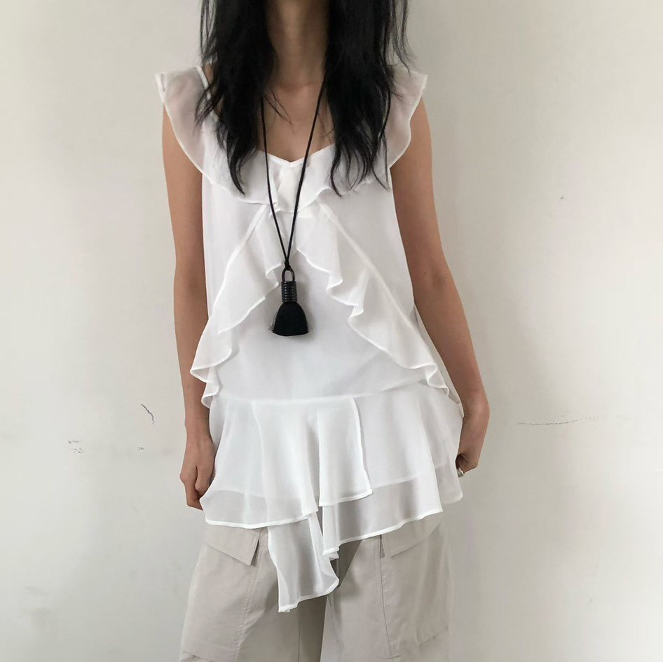 甜美感荷葉滾邊V領長版上衣短洋裝 / 2色