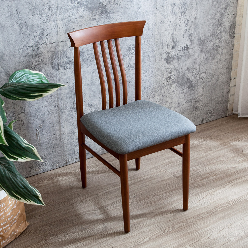 瓦薩灰色布紋皮革實木餐椅/單椅-胡桃色