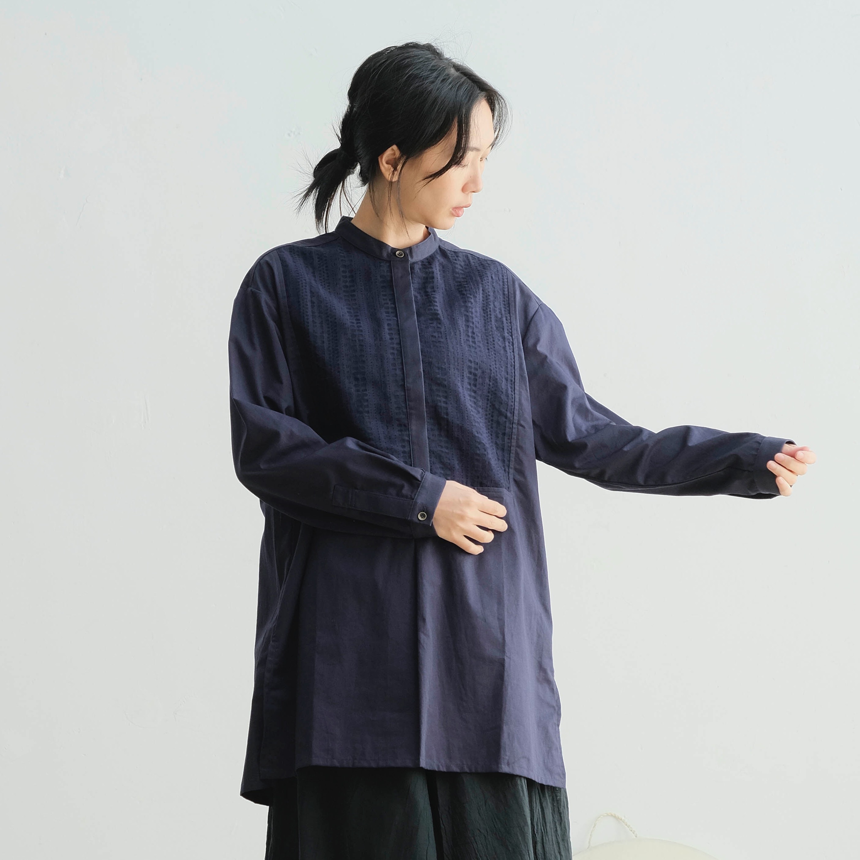 OMAKE.jp 蕾絲拼接長衫DressShirts 深藍