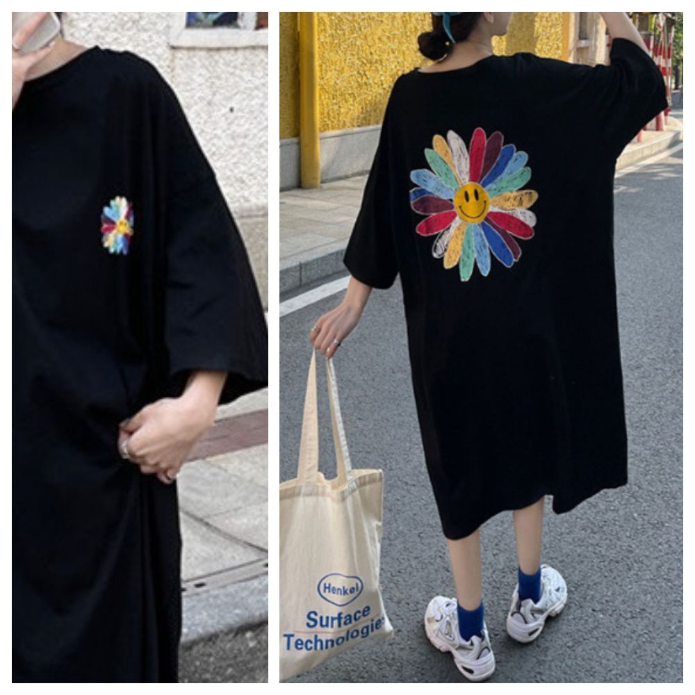 【ASister 小姊姊】AS0033#休閒洋裝☆*彩色小花*加大尺碼韓版寬鬆顯瘦中長版連身休閒洋裝(M-4XL)