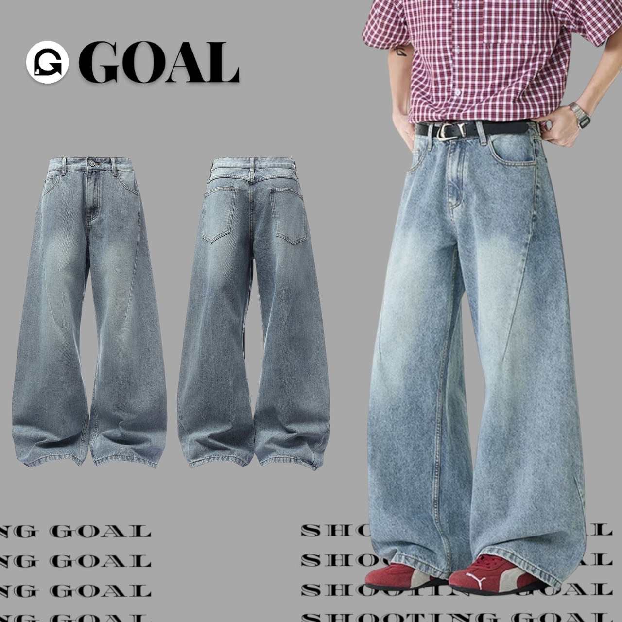 (GOAL) 美式斜切闊腿直筒牛仔褲 SL3010