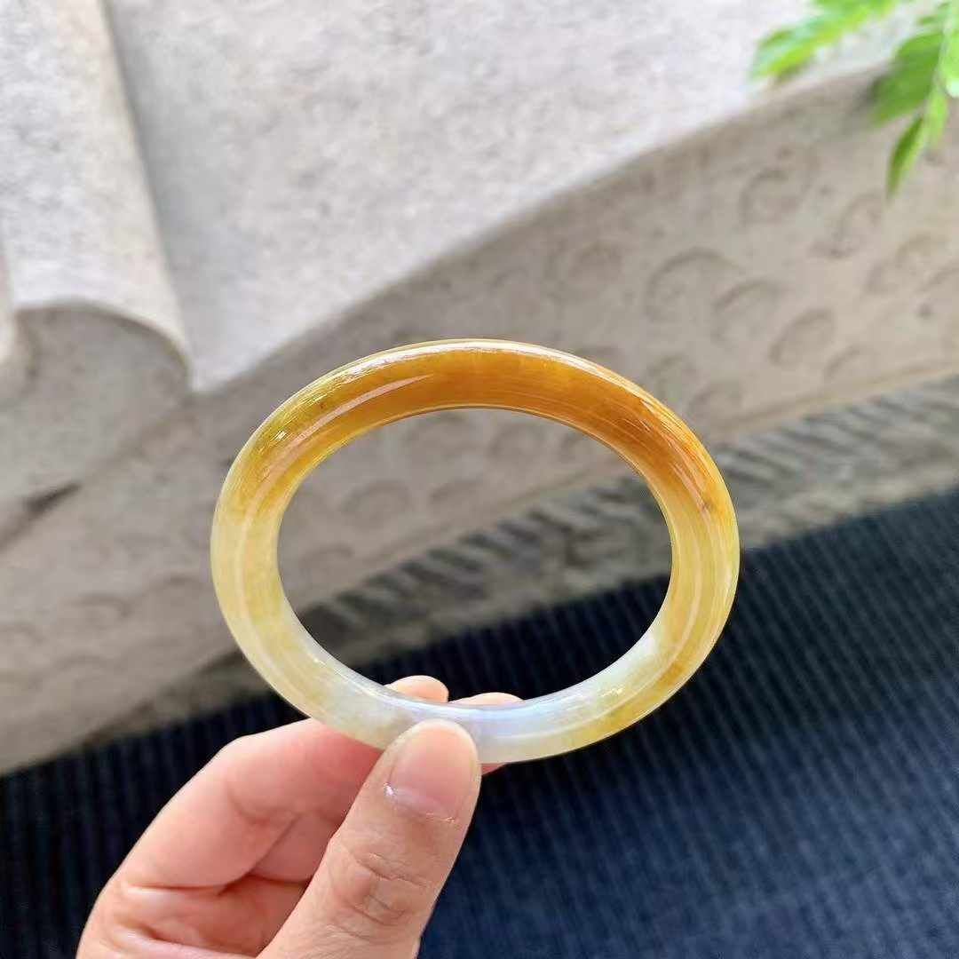 翡翠糯冰黃翡圓條手鐲,天然翡翠A玉, 緬甸玉, Jade, Jadeite