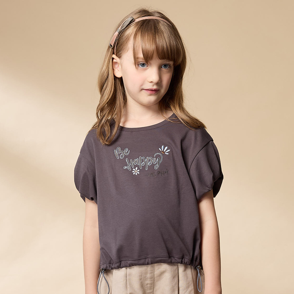 PIPPY 舒適素面字母繡花落肩圓領短袖上衣 深灰