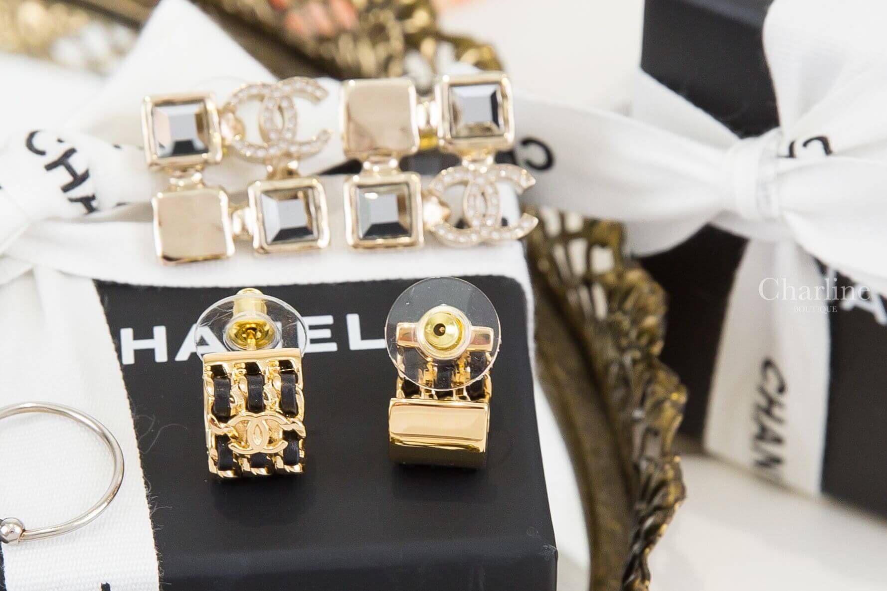 Chanel Hoop Earrings 金色CC黑色皮穿鏈圓圈耳環-Charline Boutique 精品代購