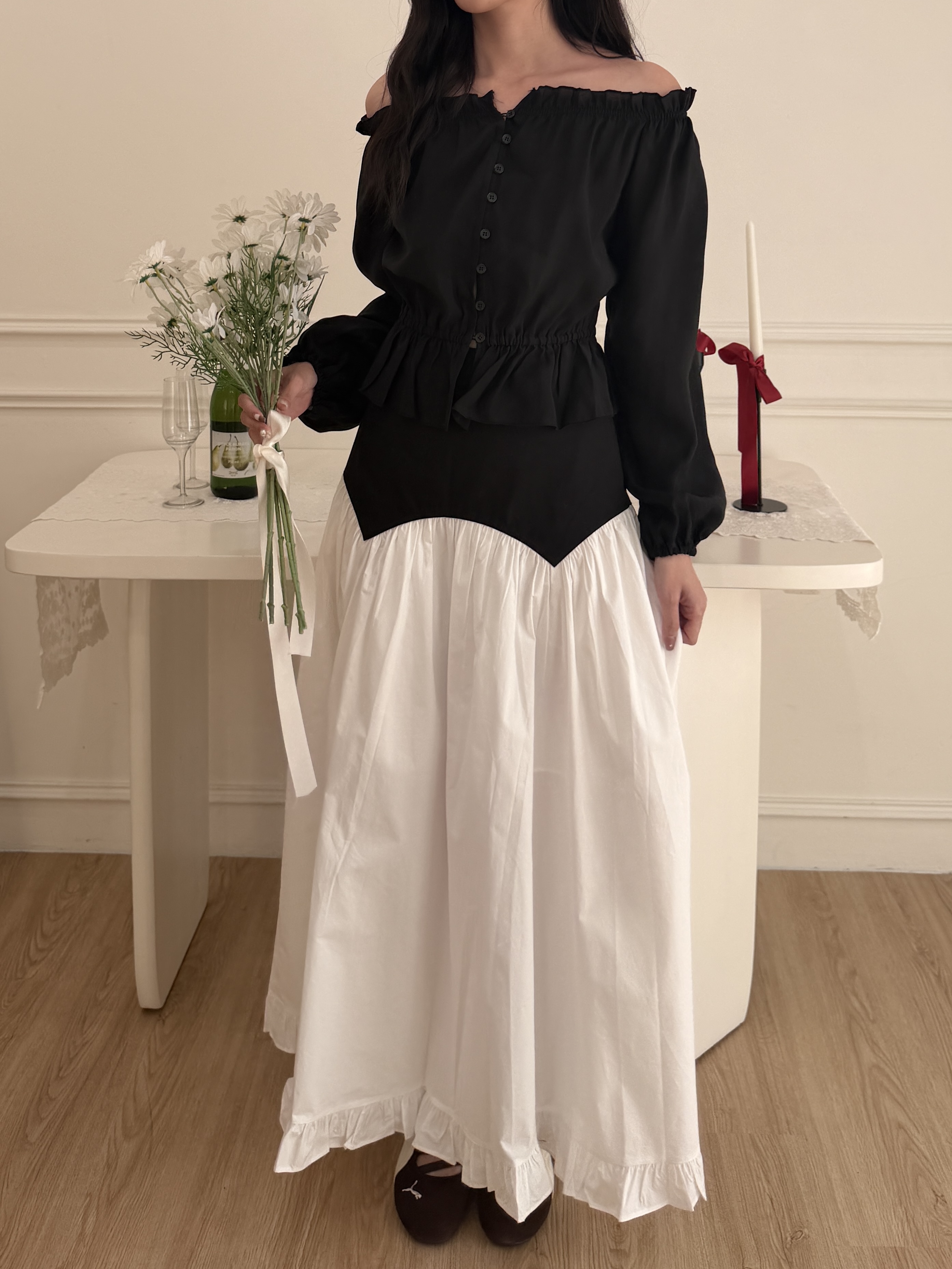 🌷撞色拼接高腰長裙 (黑色)