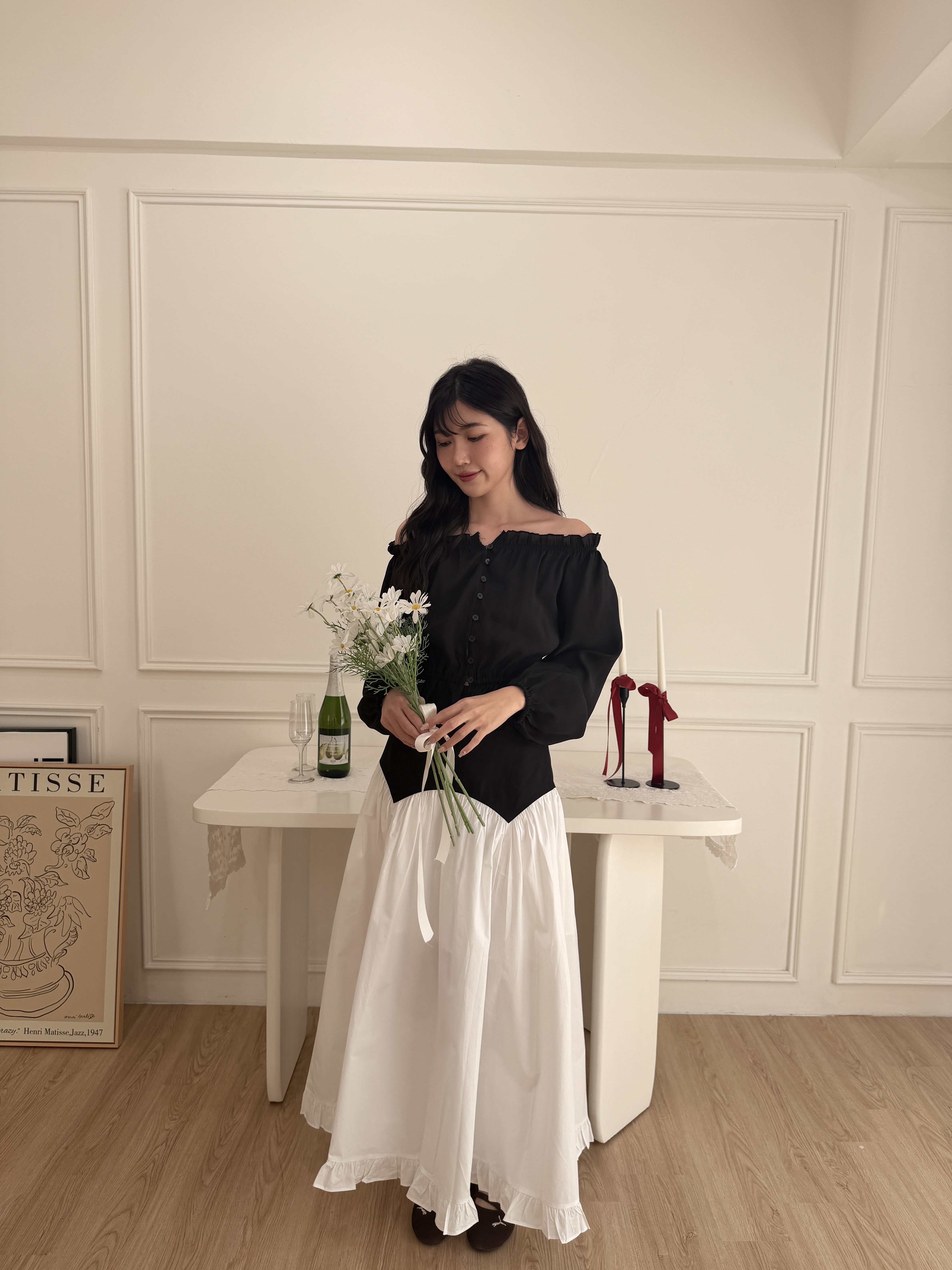 🌷撞色拼接高腰長裙 (黑色)