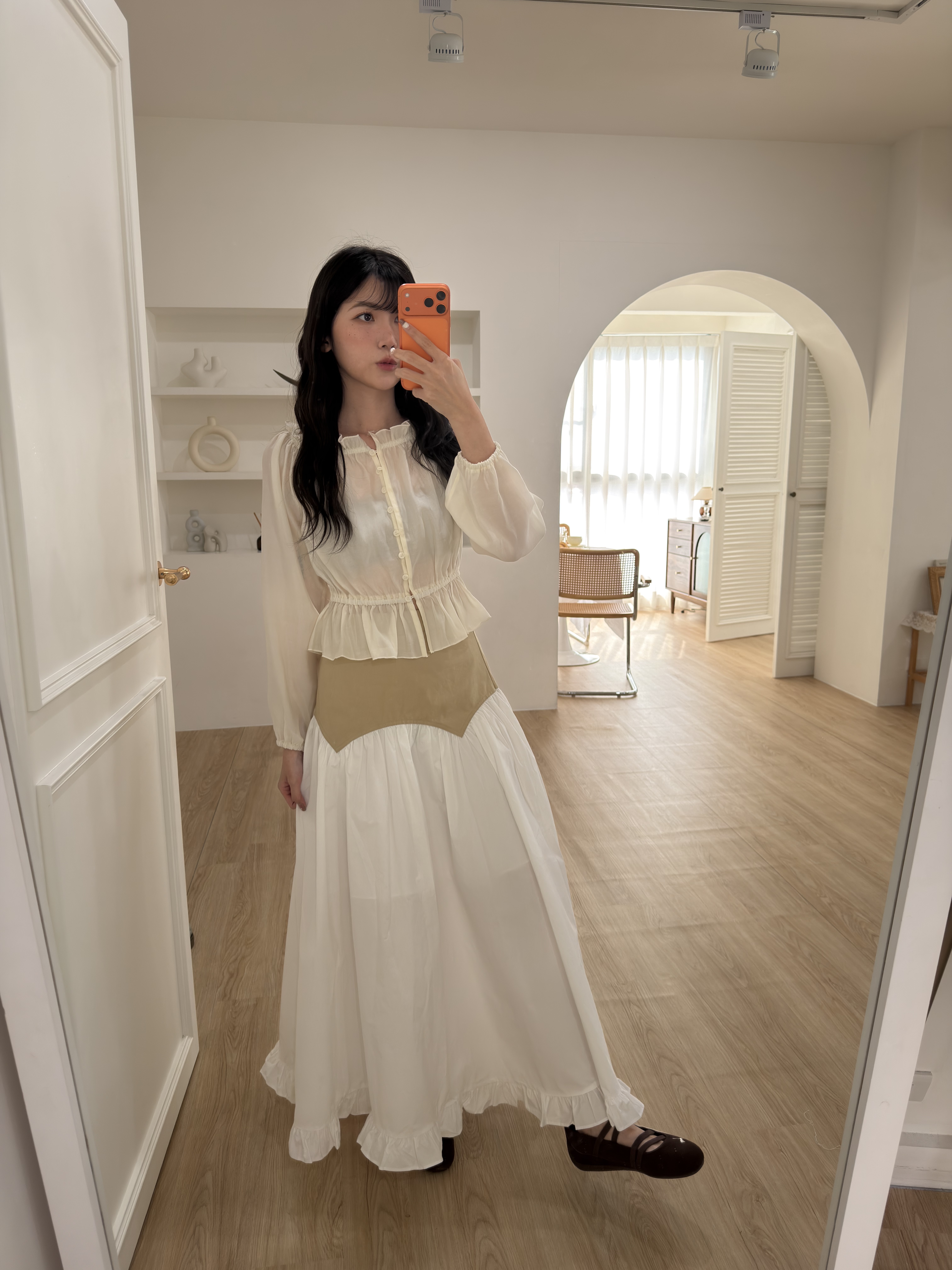 🌷撞色拼接高腰長裙 (卡其色)