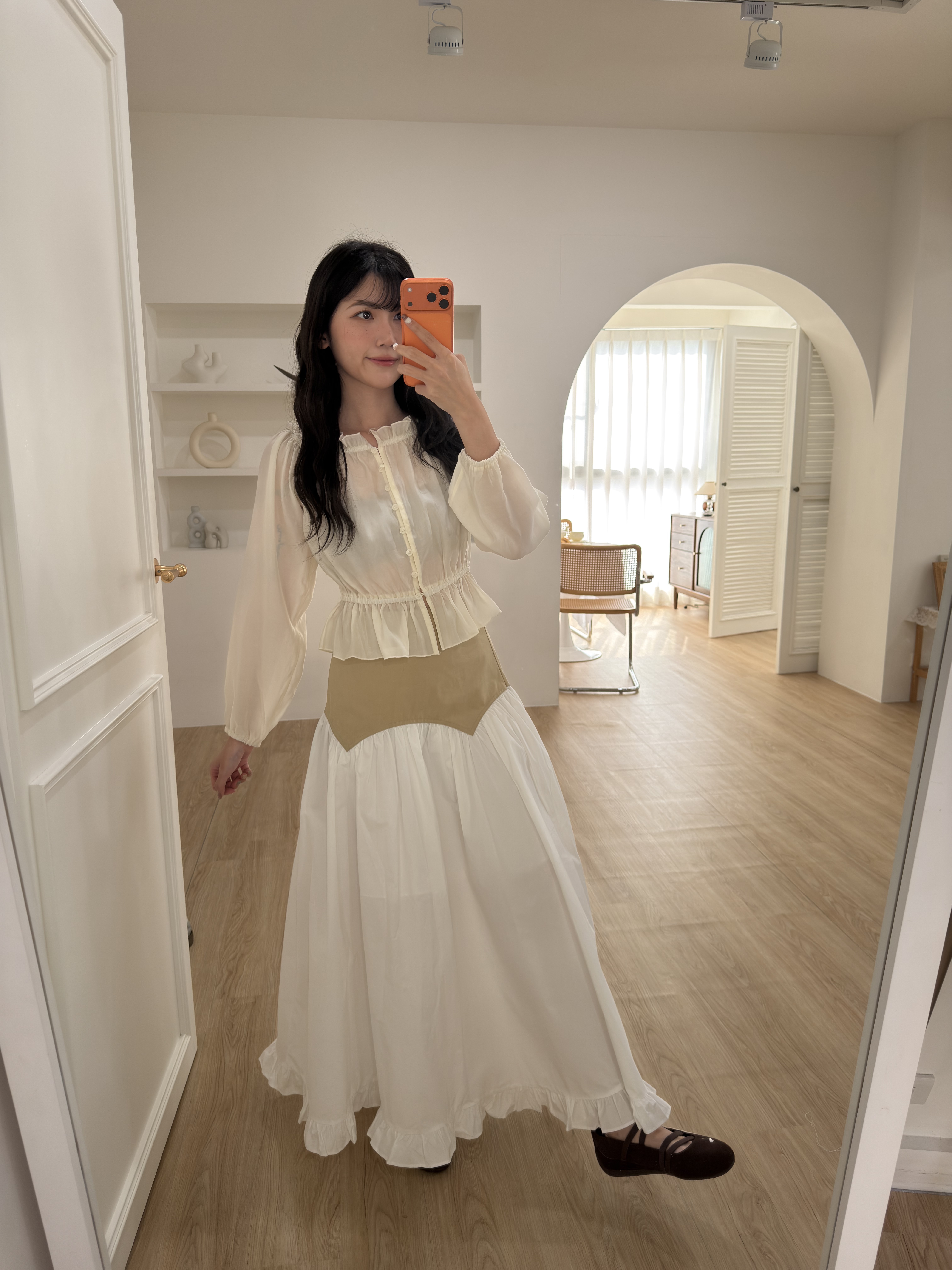 🌷撞色拼接高腰長裙 (卡其色)