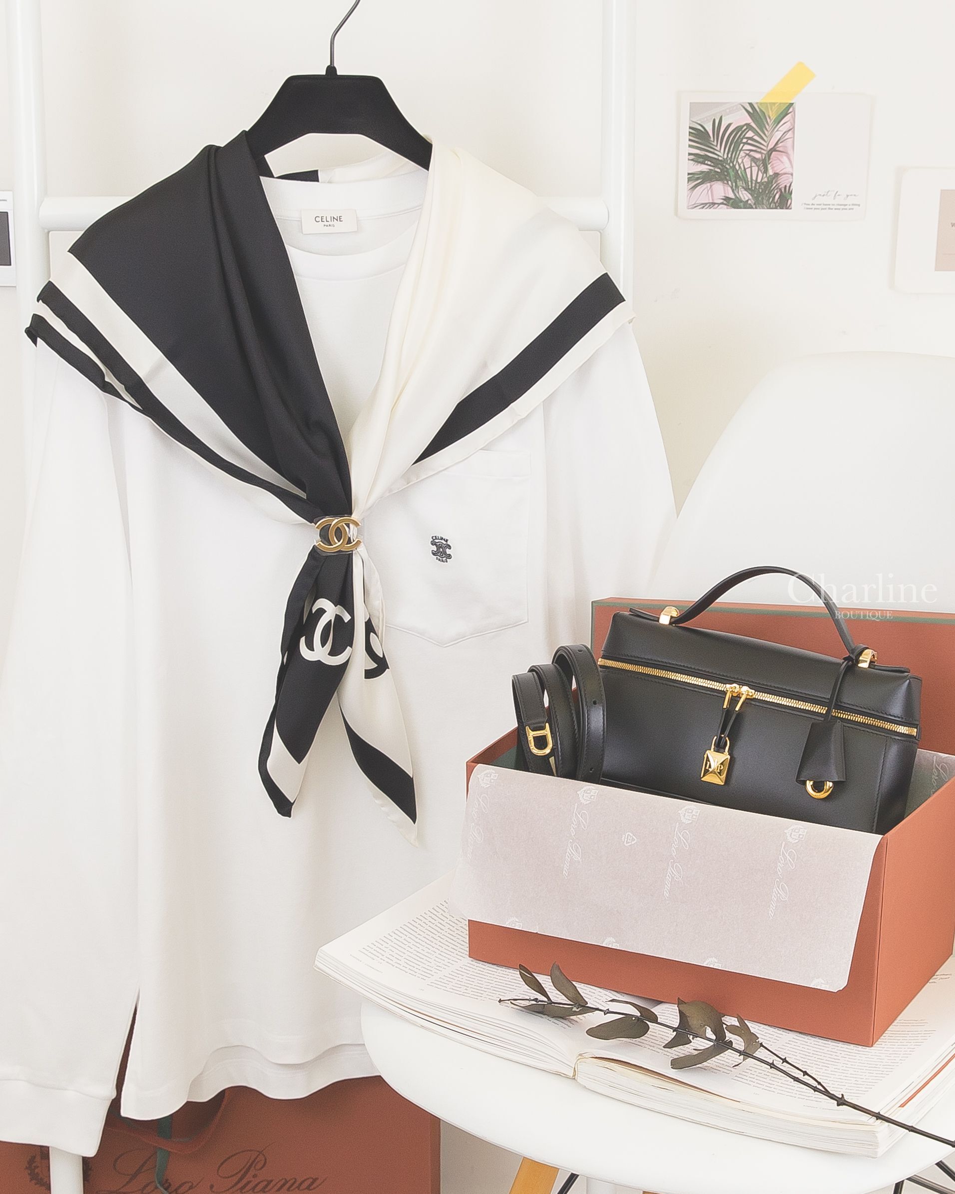 Loro Piana Extra Bag L23 黑色小牛皮金色鎖頭手提肩背包,Chanel 金色CC圍巾扣環,Chanel 黑白拼色CC真絲方巾,Celine 光學白刺繡黑字凱旋門口袋棉質長袖上衣-Charline Boutique 精品代購