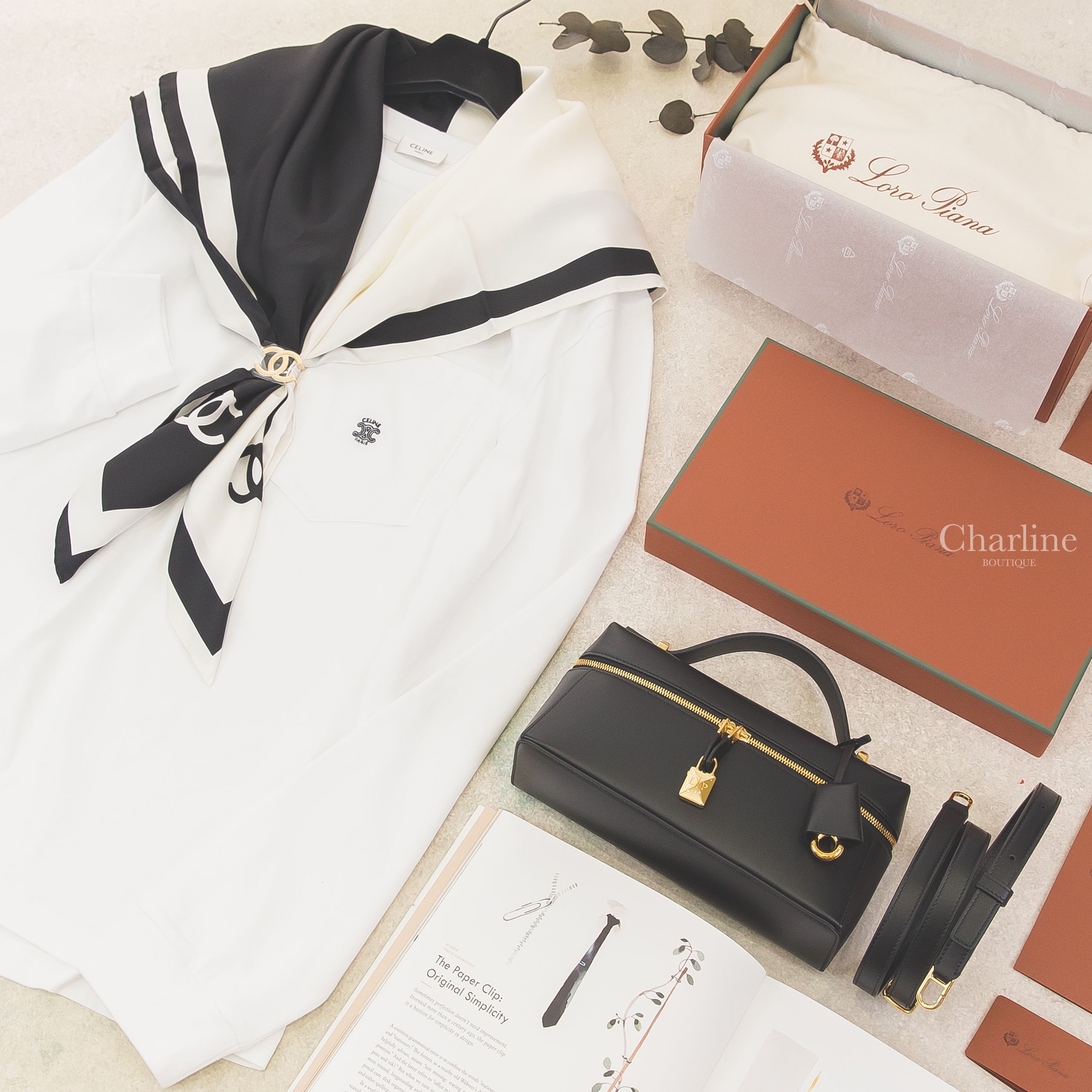 Loro Piana Extra Bag L23 黑色小牛皮金色鎖頭手提肩背包,Chanel 金色CC圍巾扣環,Chanel 黑白拼色CC真絲方巾,Celine 光學白刺繡黑字凱旋門口袋棉質長袖上衣-Charline Boutique 精品代購