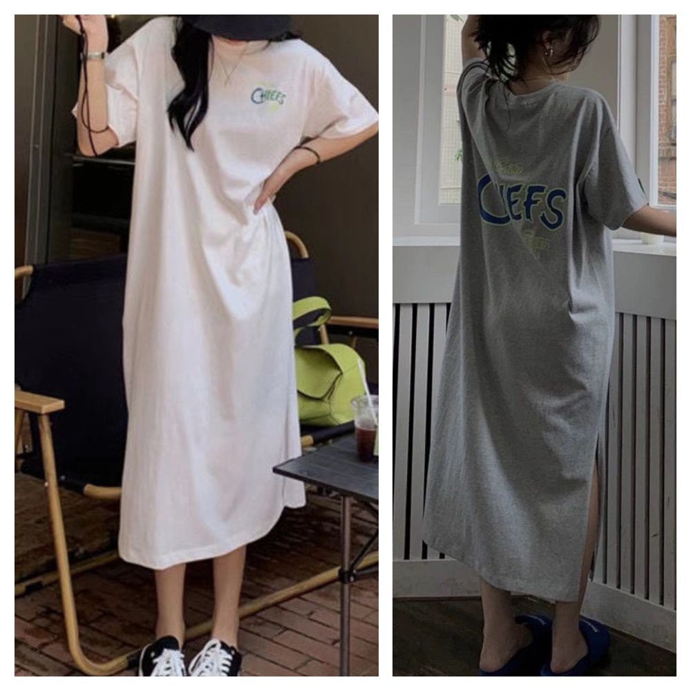 【ASister 小姊姊】休閒洋裝☆*CHEFS塗鴉文字*加大尺碼韓版寬鬆顯瘦中長版連身休閒洋裝(3色 M-4XL)