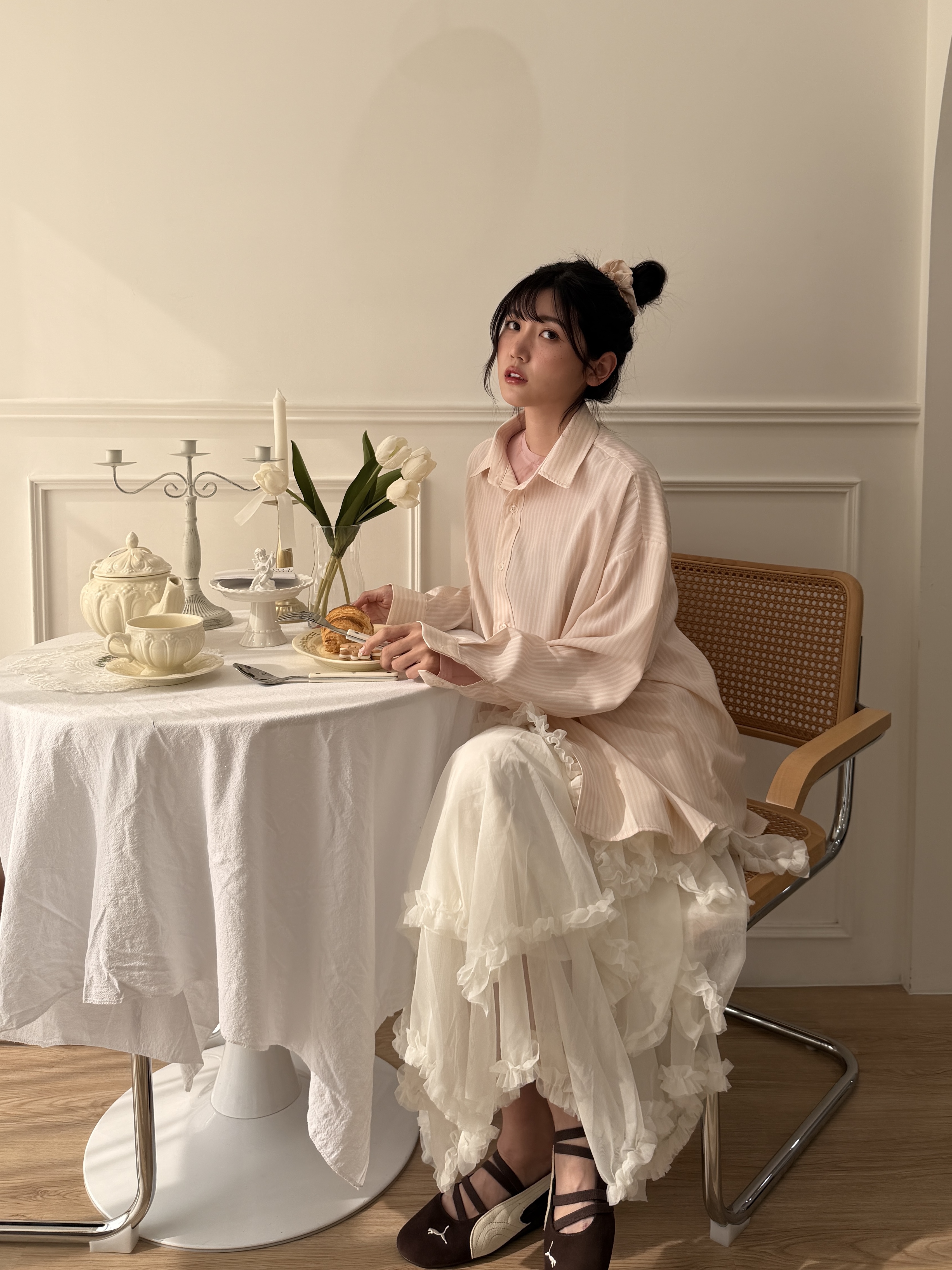 🌷慵懶直紋襯衫-附髮圈 (淡粉色)