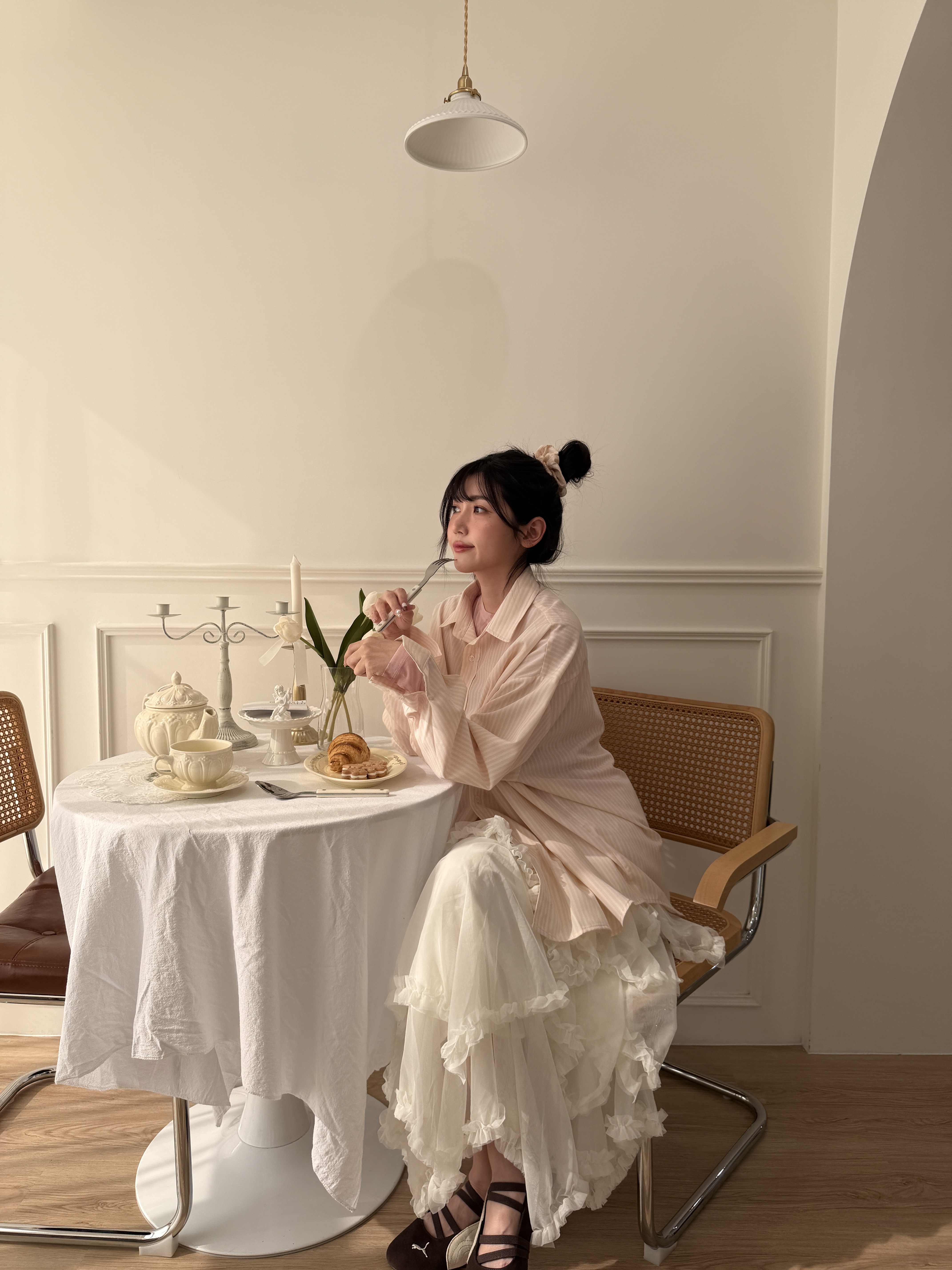 🌷慵懶直紋襯衫-附髮圈 (淡粉色)