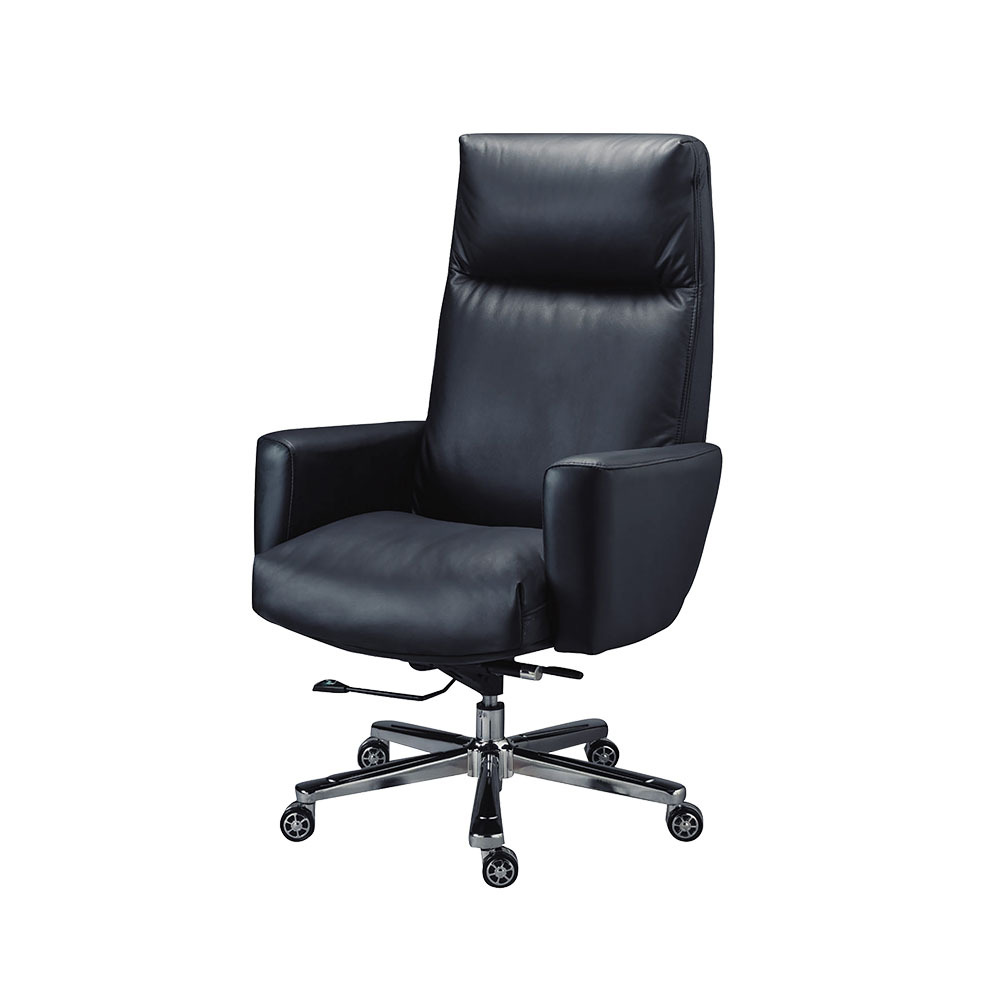 柏蒂家居-加布里黑色半牛皮扶手主管辦公椅/電腦椅-羽絨填充頭枕