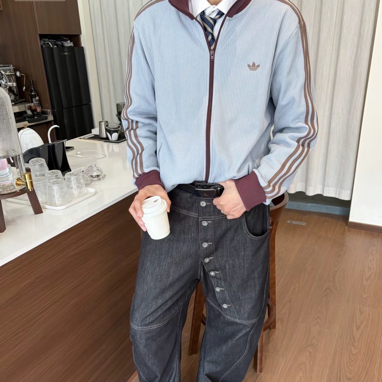 ADIDAS ORIGINALS 灰藍 撞色 華夫格 運動外套 三葉草 KY5770