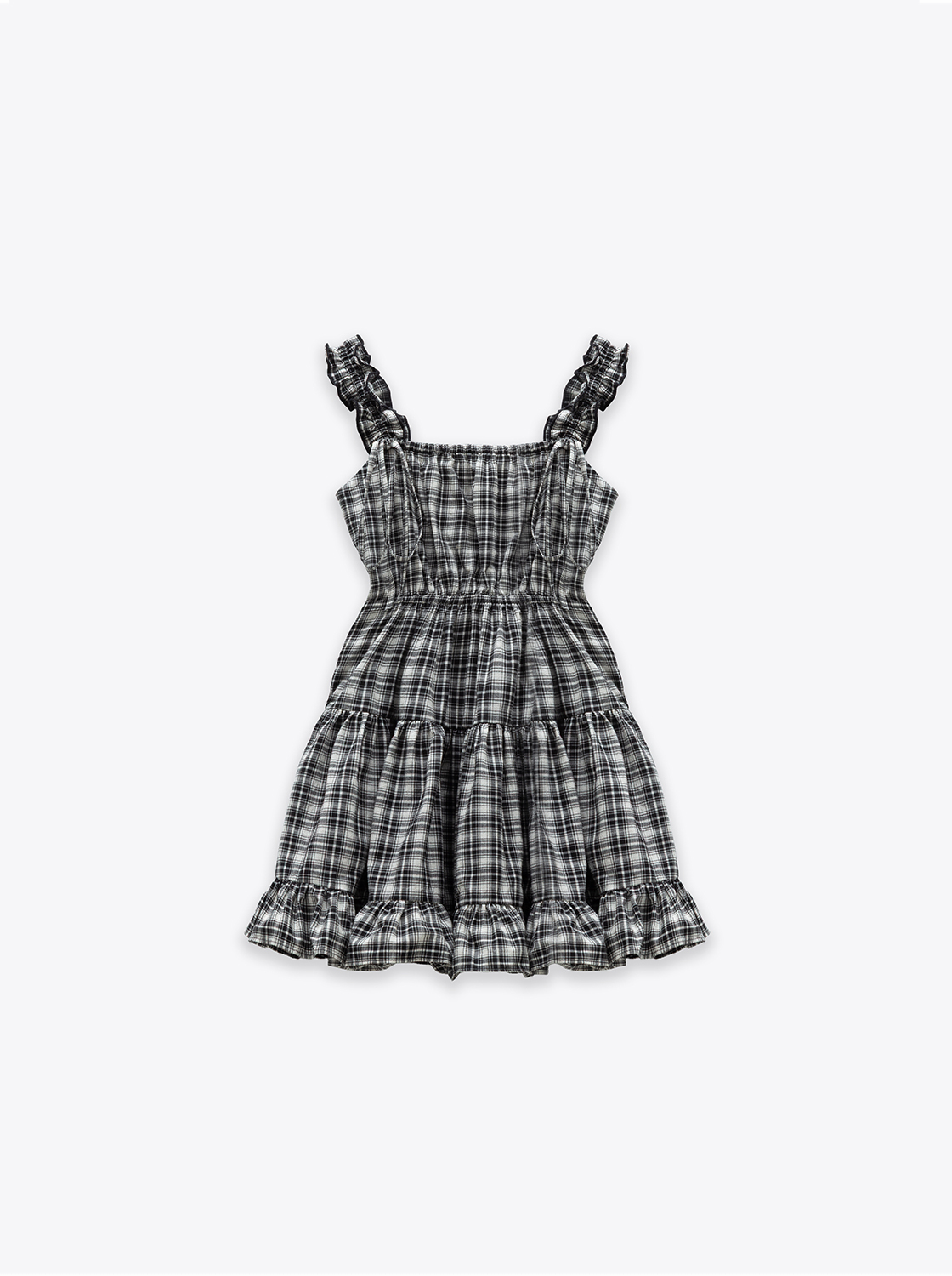 格紋吊帶荷葉無袖洋裝-白黑