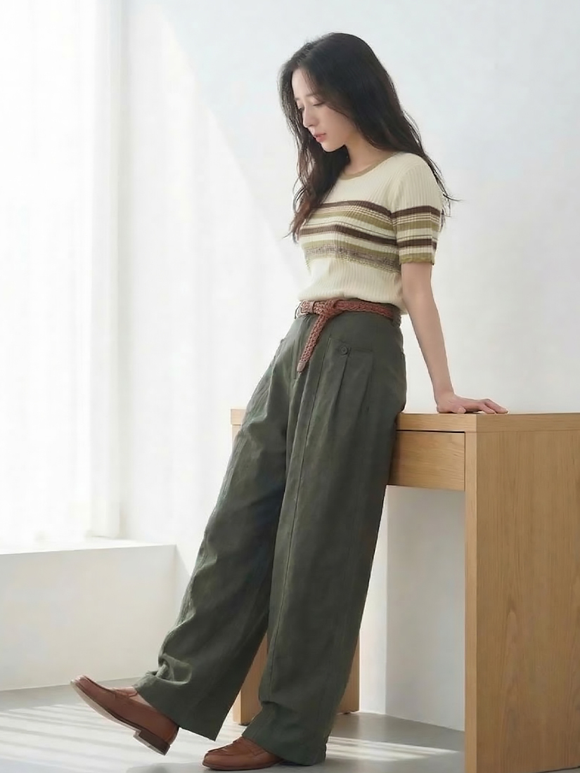 微簍空針織短袖跳色配釦剪接設計寬褲組合