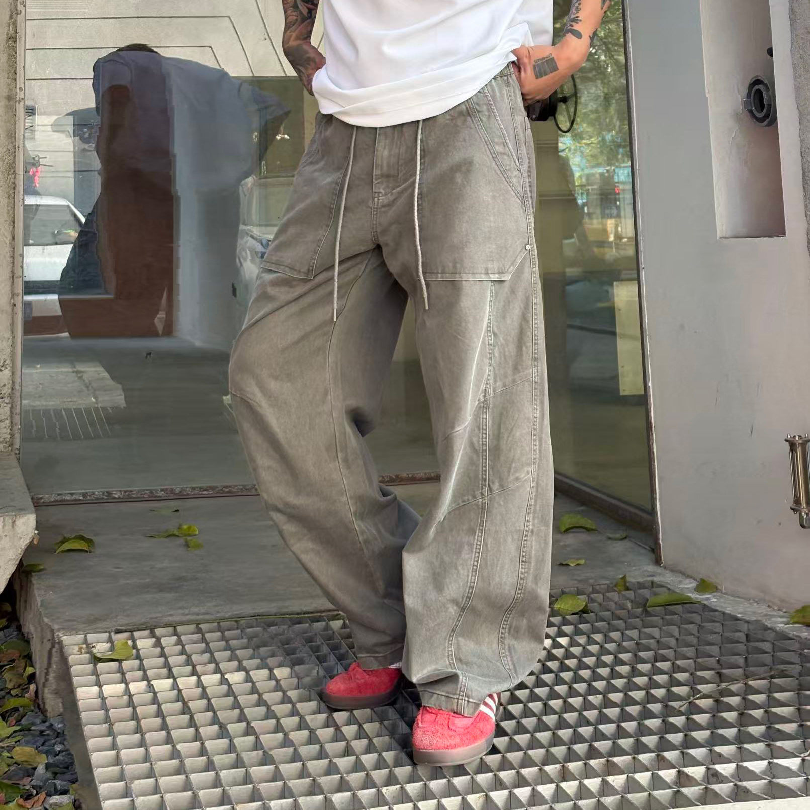 XCTRL 舊化拼接彎刀長褲-灰