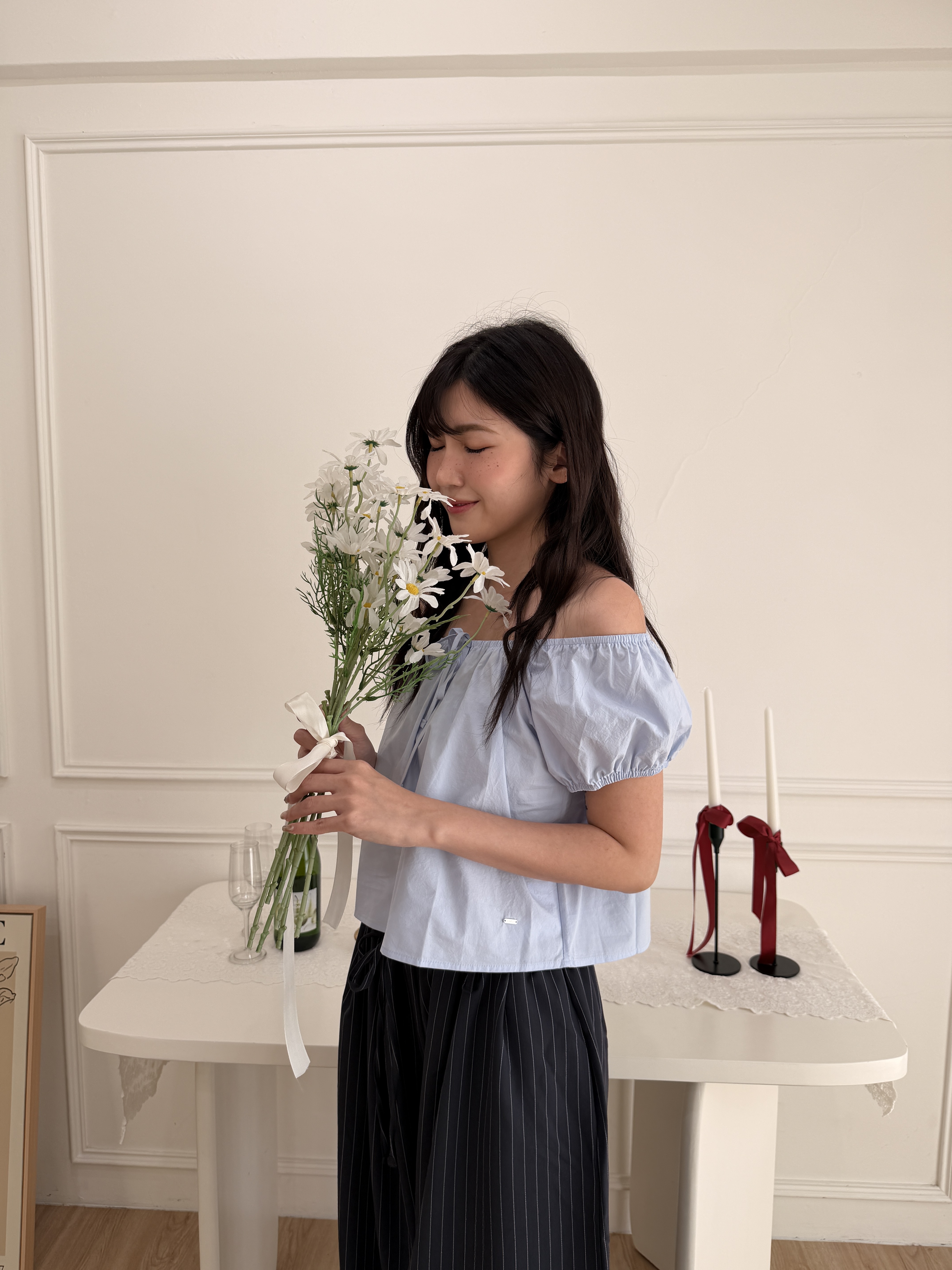 🌷小蓬袖短版上衣 (藍色)