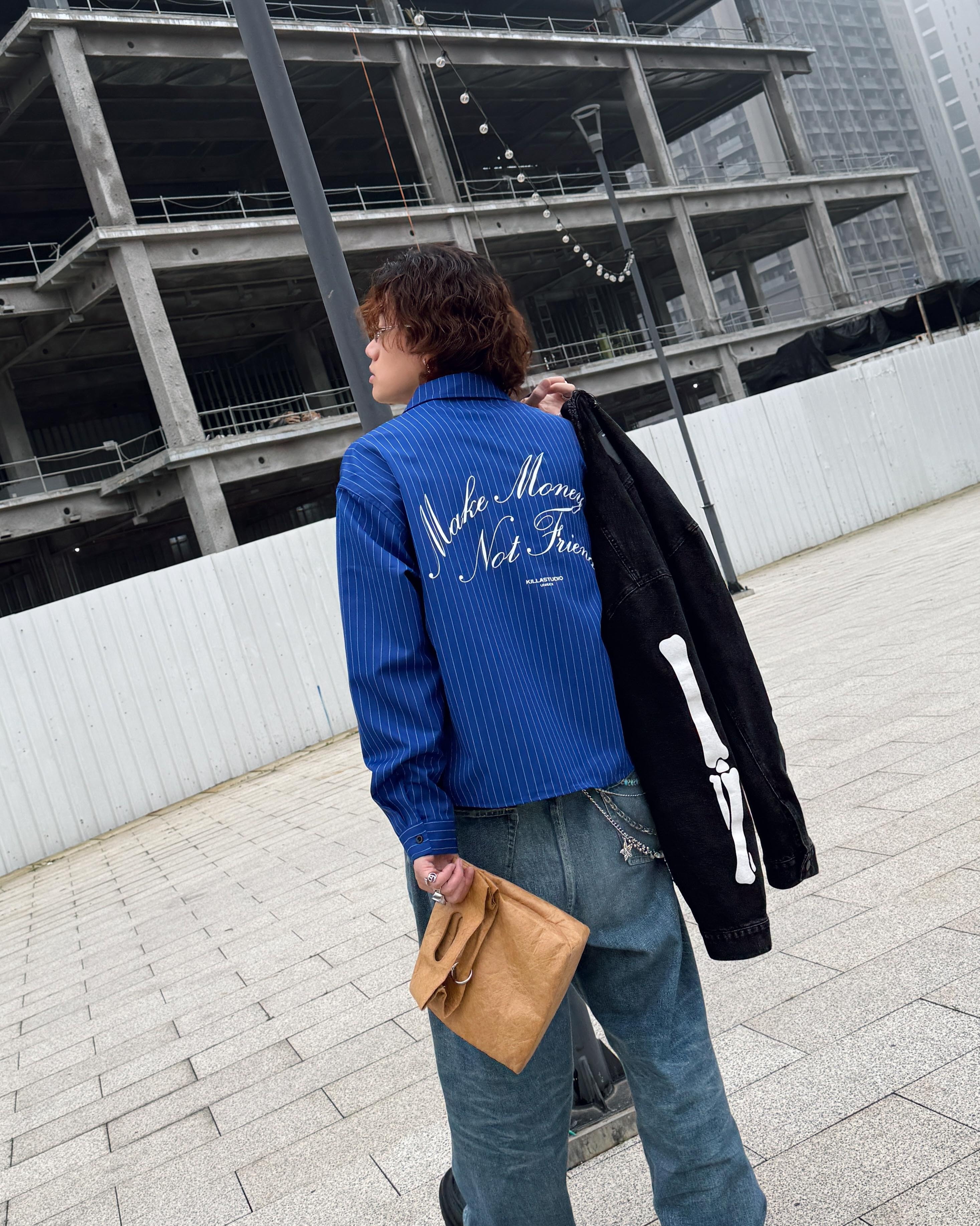 Fashion Killia PINSTRIPE BOXY SHIRT 大直紋 標語 襯衫