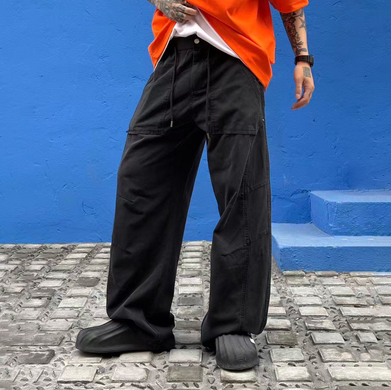 XCTRL 舊化拼接彎刀長褲-黑