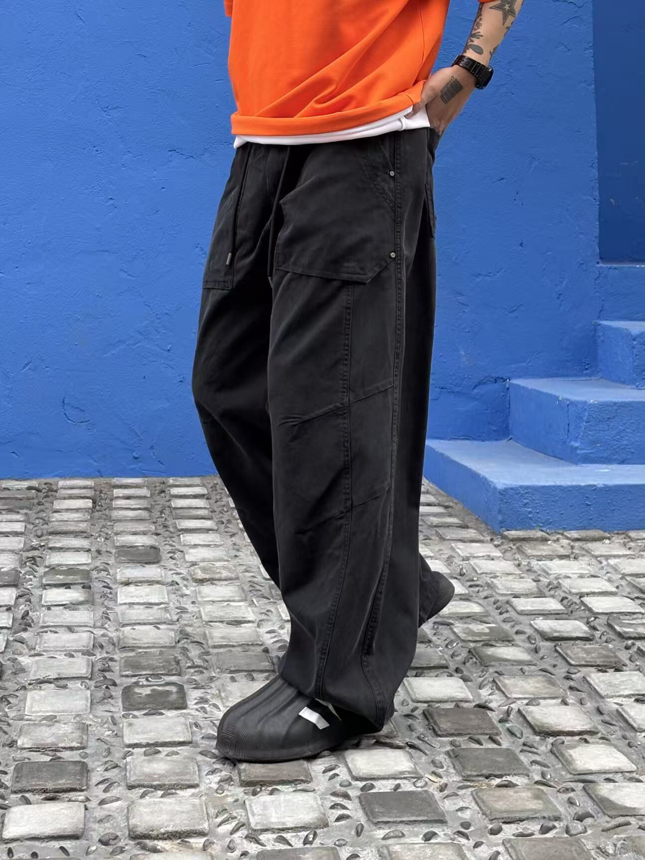 XCTRL 舊化拼接彎刀長褲-黑