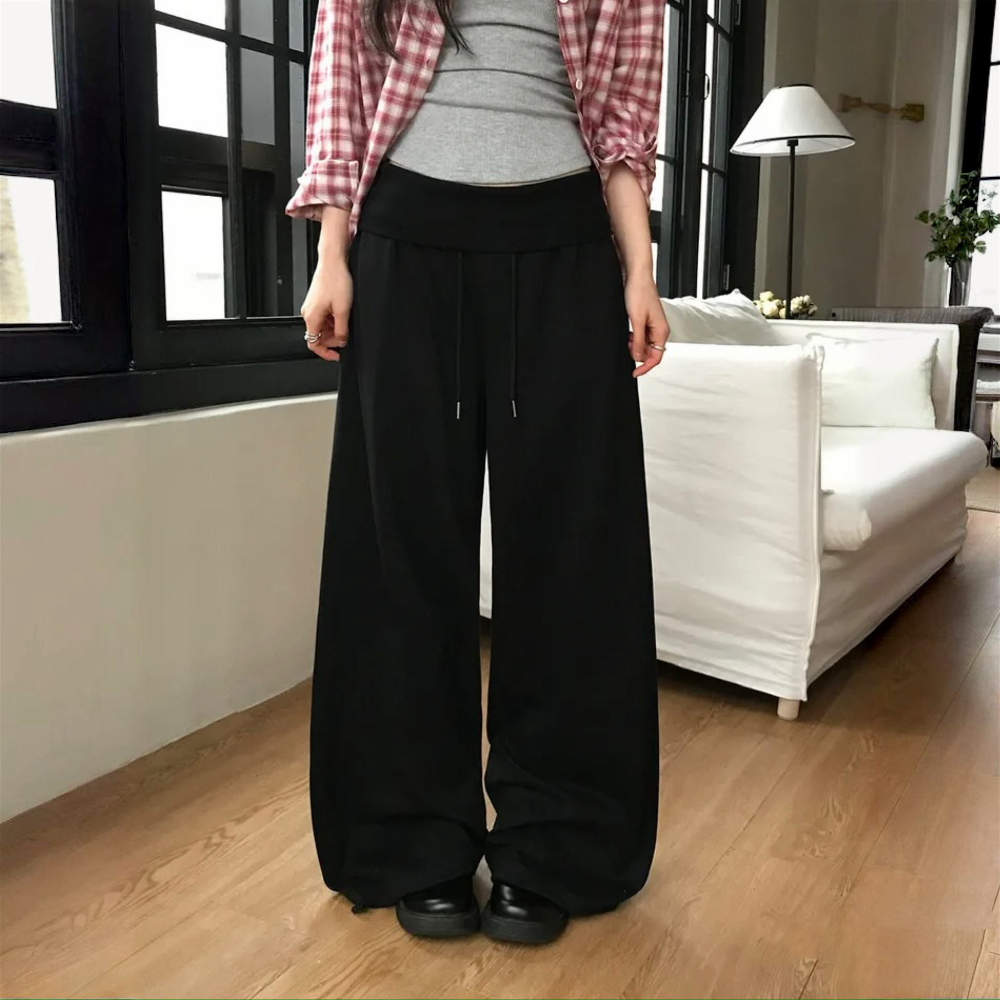 【1.4 完額外95折優惠預訂】韓國反摺高腰抽繩棉質闊褲（4色）