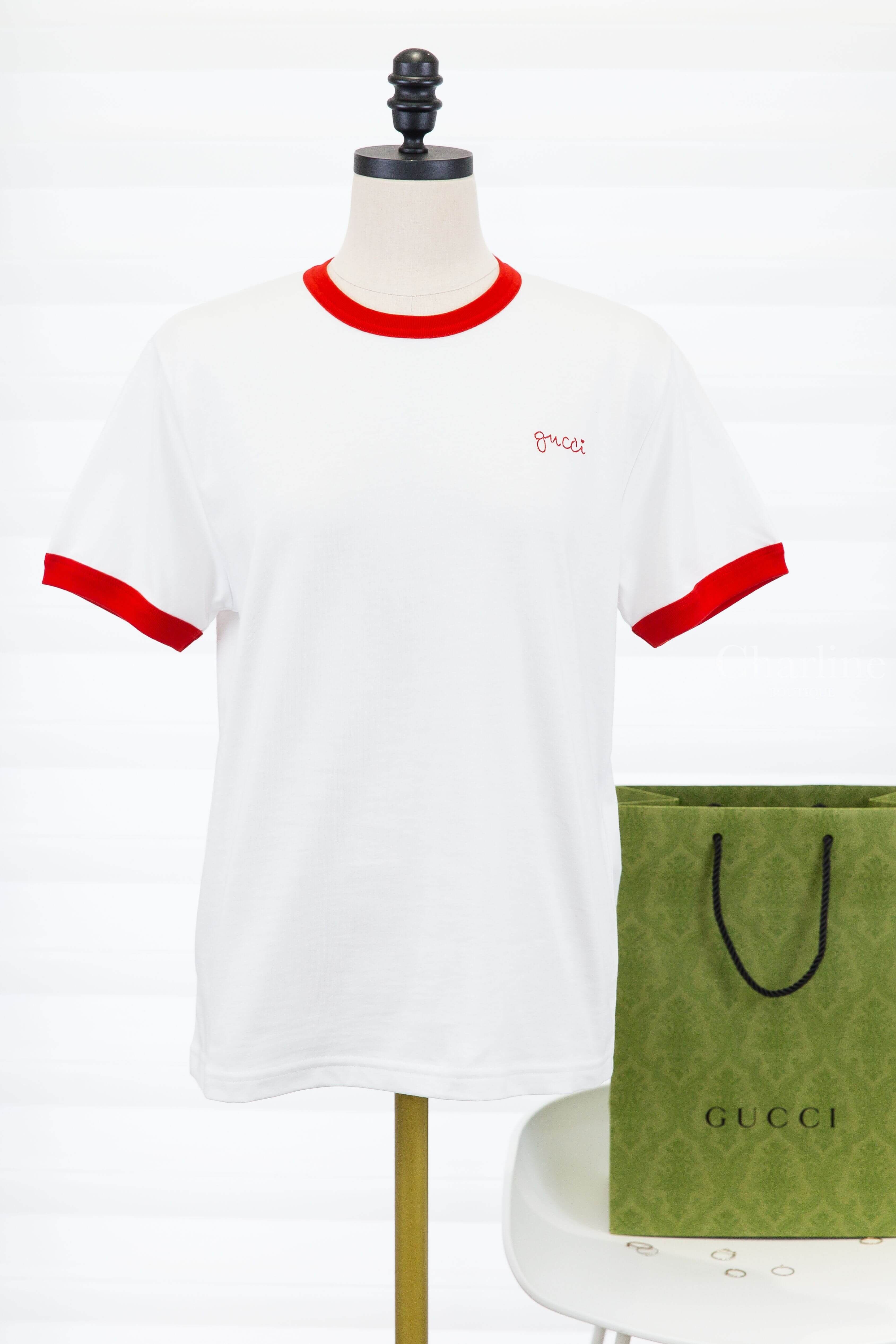 Gucci Cotton Jersey T-shirt With Embroidery 白底紅色滾邊草寫刺繡愛心字母棉質短袖上衣