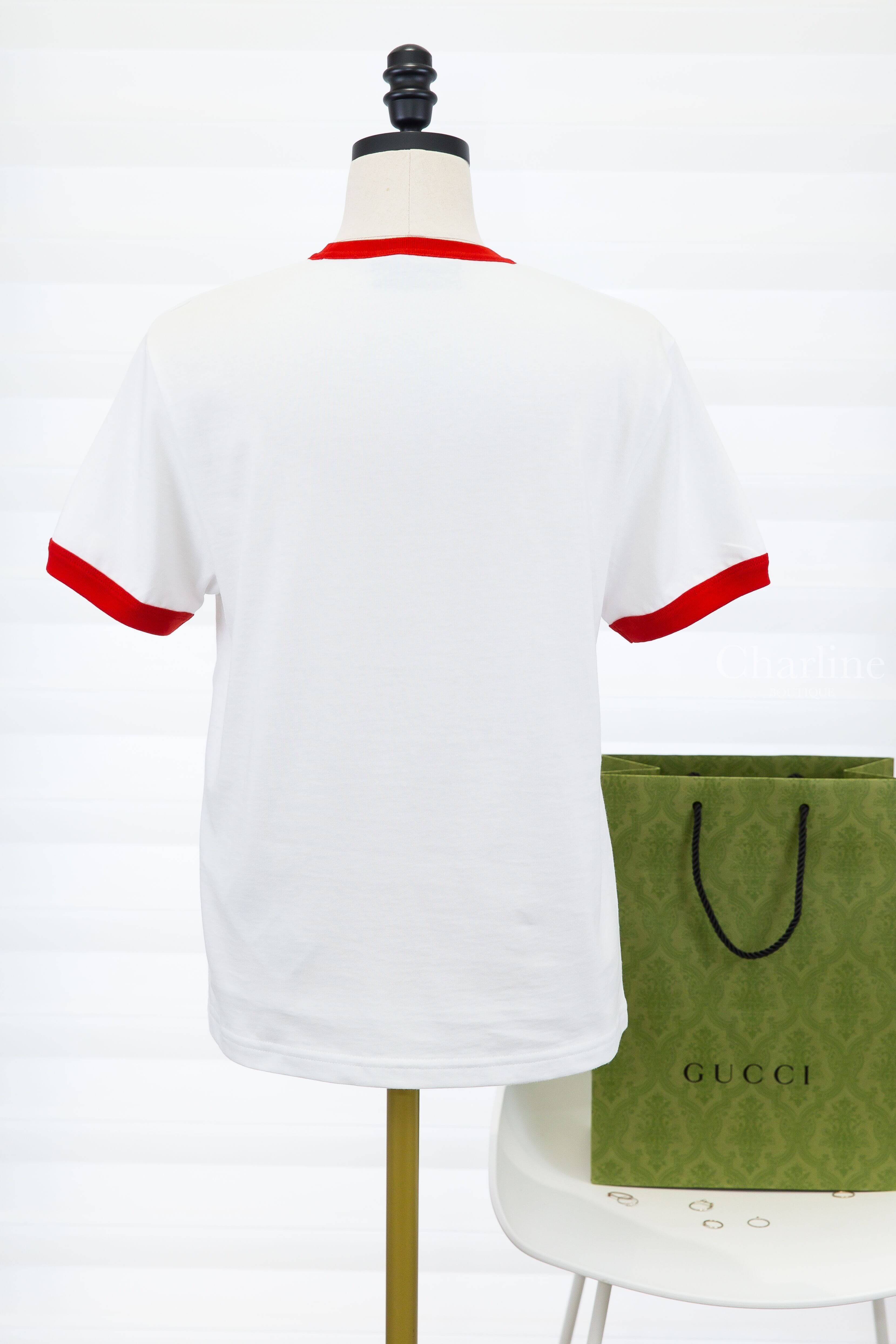 Gucci Cotton Jersey T-shirt With Embroidery 白底紅色滾邊草寫刺繡愛心字母棉質短袖上衣-Charline Boutique 精品代購