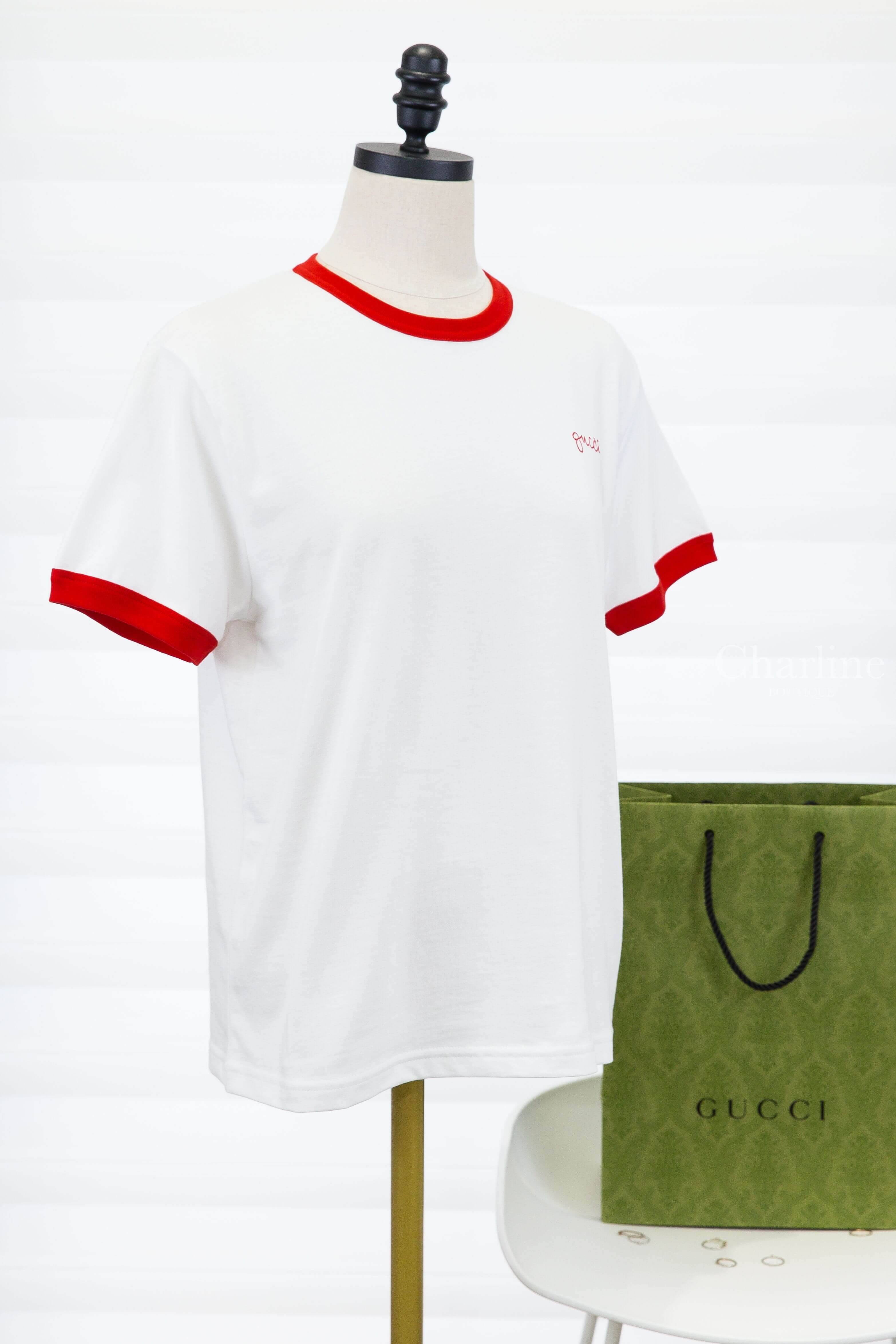 Gucci Cotton Jersey T-shirt With Embroidery 白底紅色滾邊草寫刺繡愛心字母棉質短袖上衣-Charline Boutique 精品代購