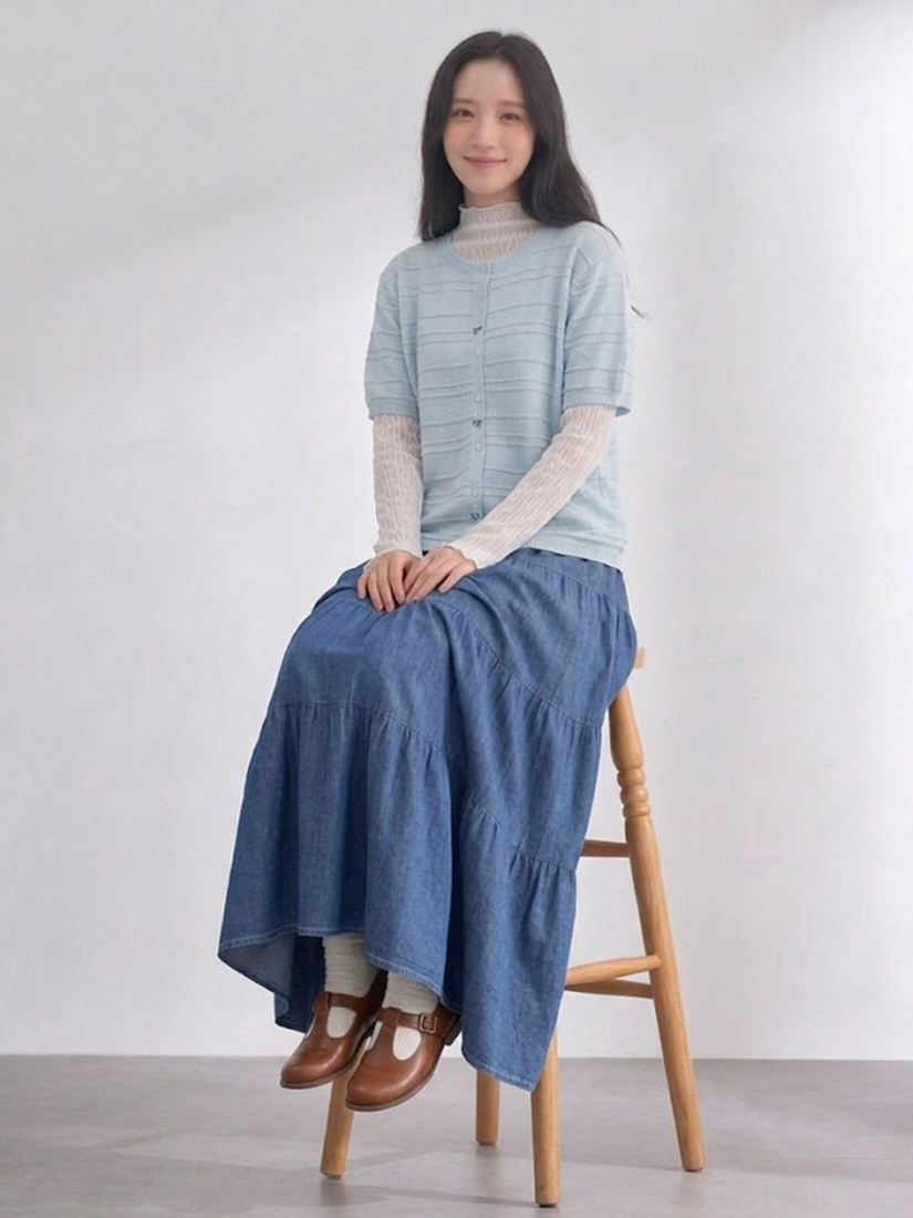 織紋棉麻針織上衣透膚小立領上衣薄棉牛仔長裙組合
